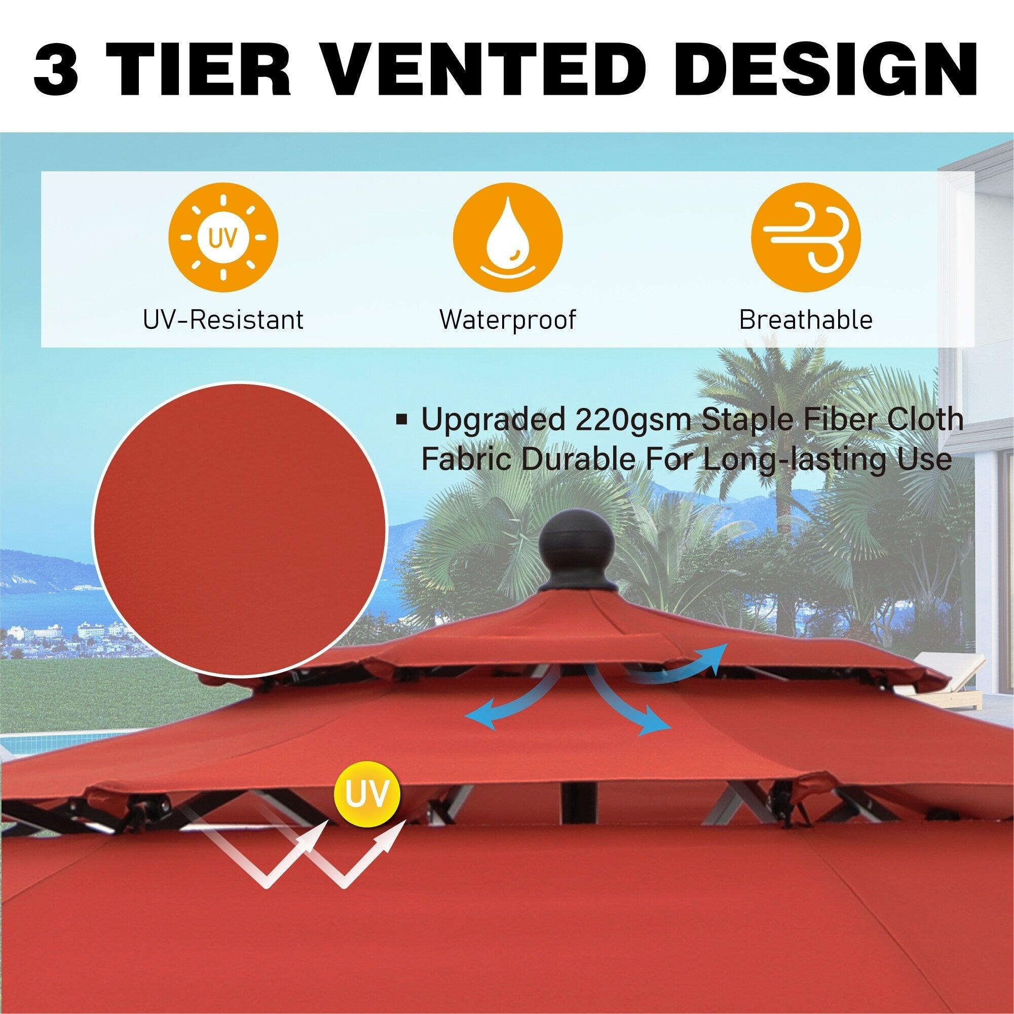 Parasol d'extérieur à 3 niveaux de 10 pieds de MAISON ARTS, compatible avec la plupart des tables de patio avec ventilation, inclinaison automatique et manivelle de levage