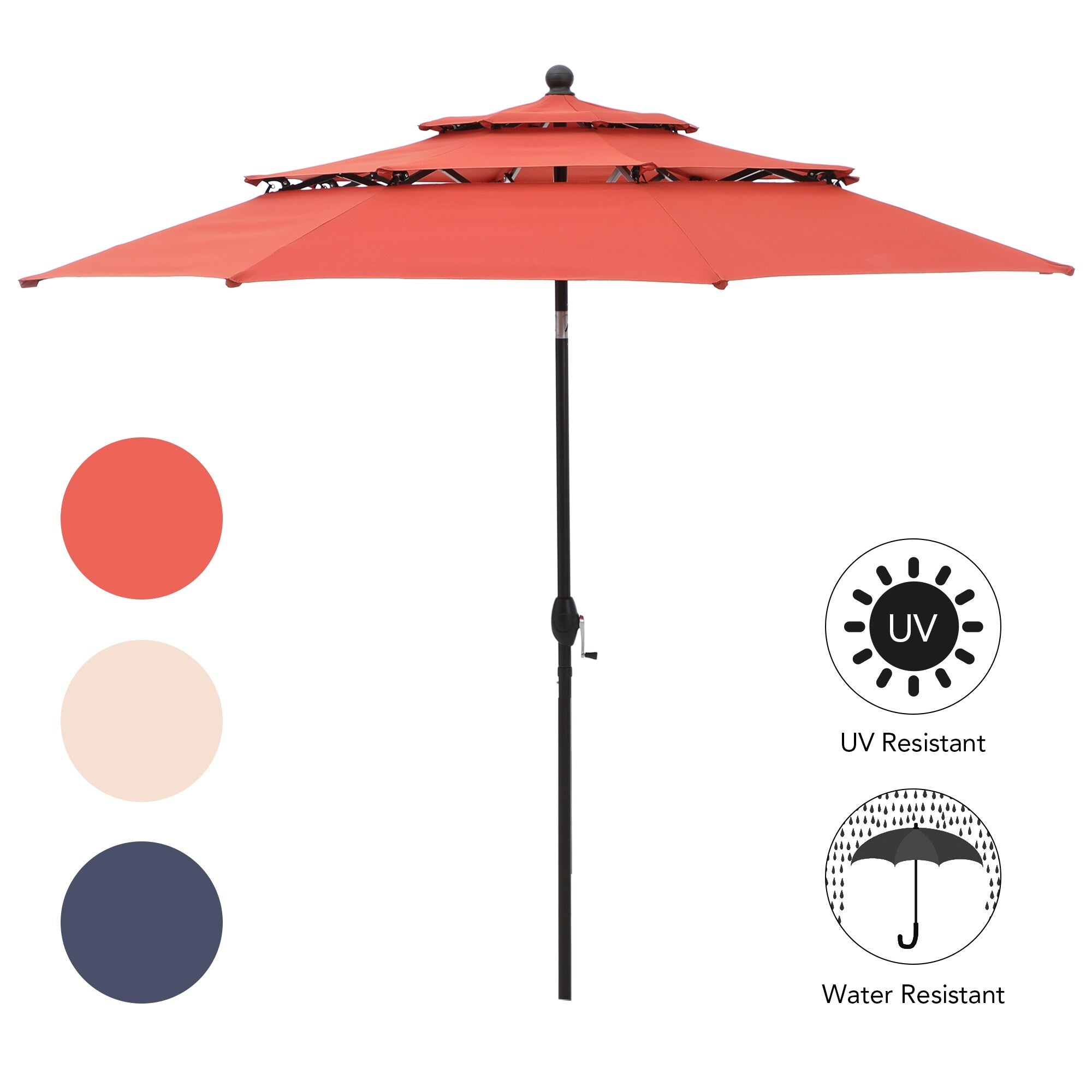 Parasol d'extérieur à 3 niveaux de 10 pieds de MAISON ARTS, compatible avec la plupart des tables de patio avec ventilation, inclinaison automatique et manivelle de levage