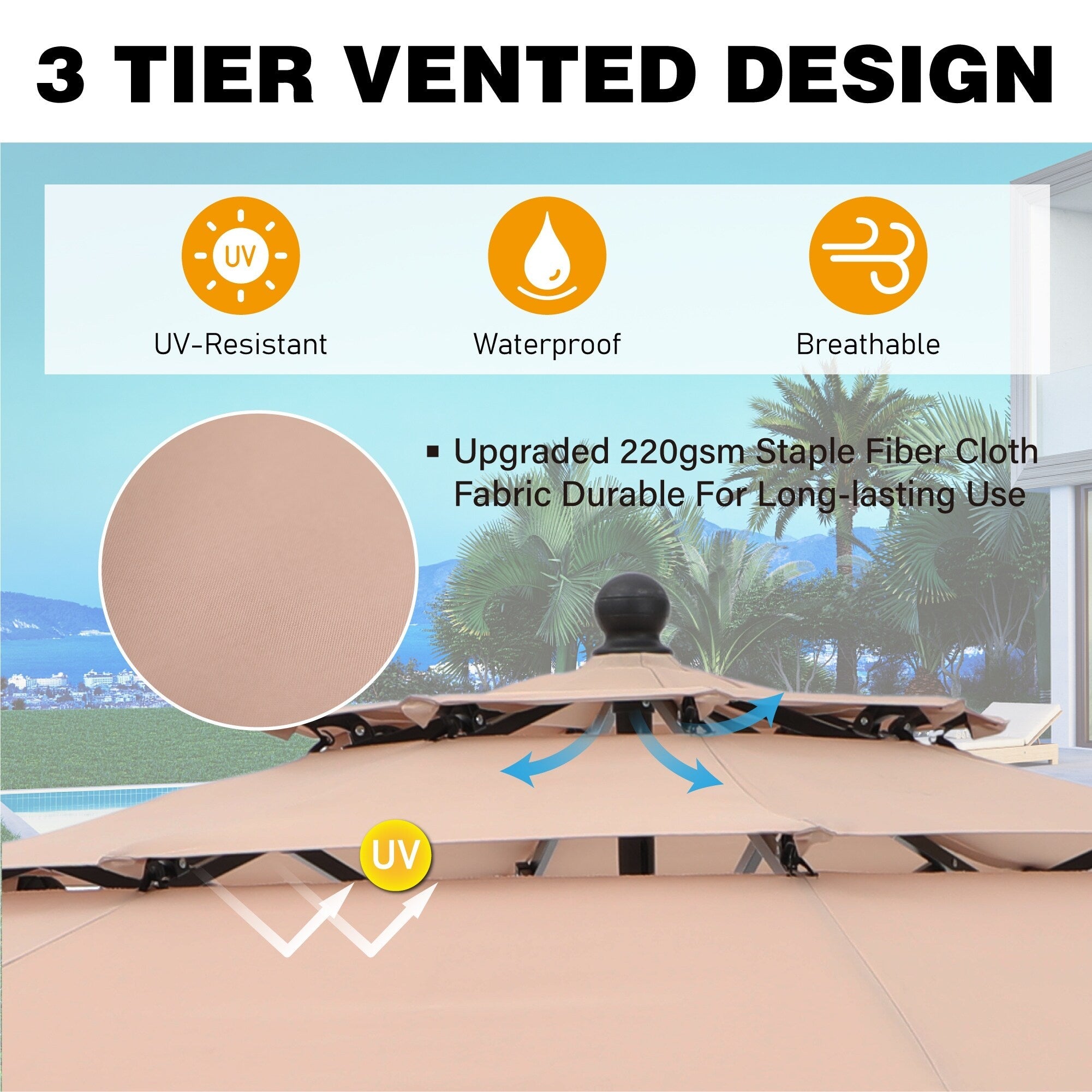 Parasol d'extérieur à 3 niveaux de 10 pieds de MAISON ARTS, compatible avec la plupart des tables de patio avec ventilation, inclinaison automatique et manivelle de levage