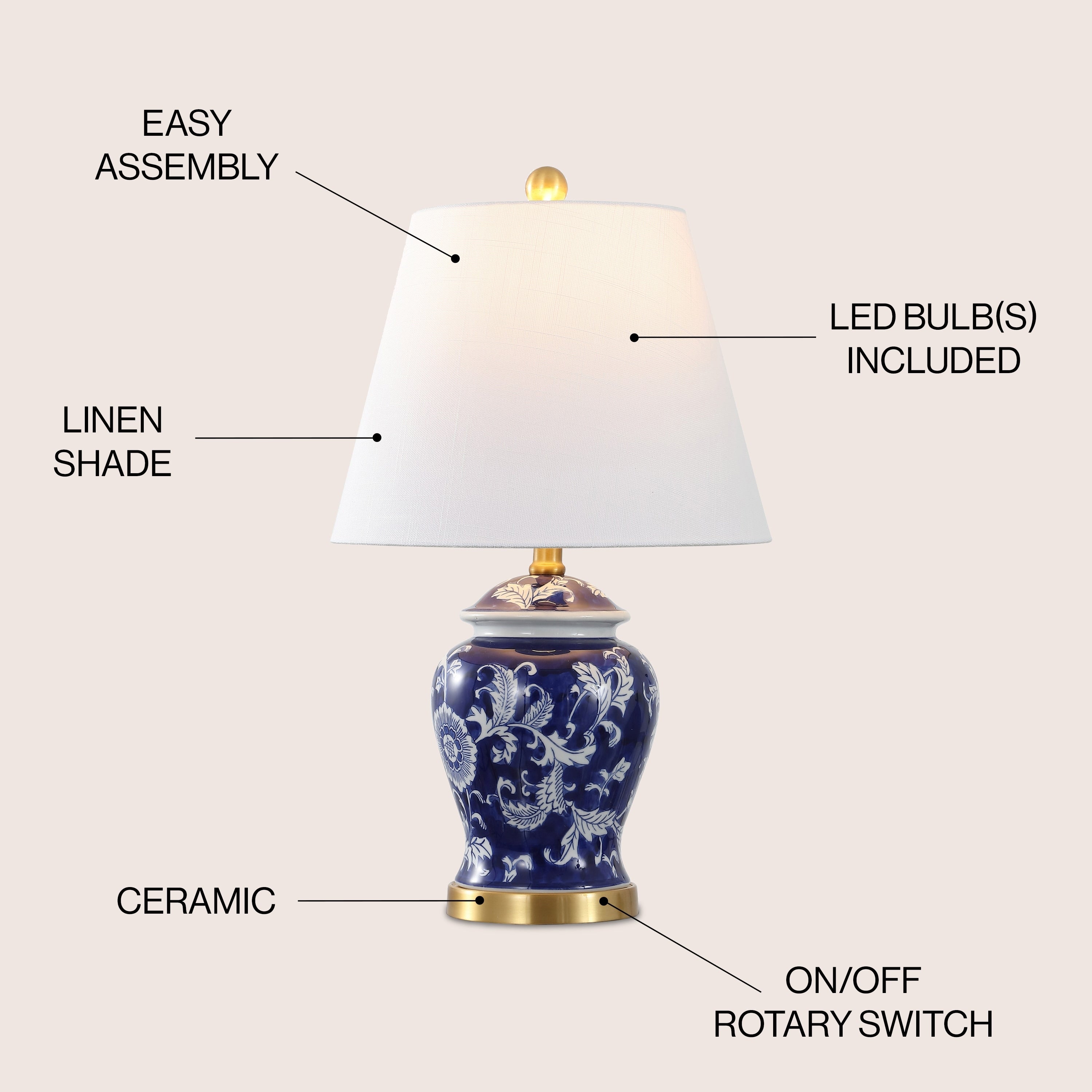 Lampe de table LED Penelope 22 Chinoiserie, bleu/blanc par JONATHAN Y