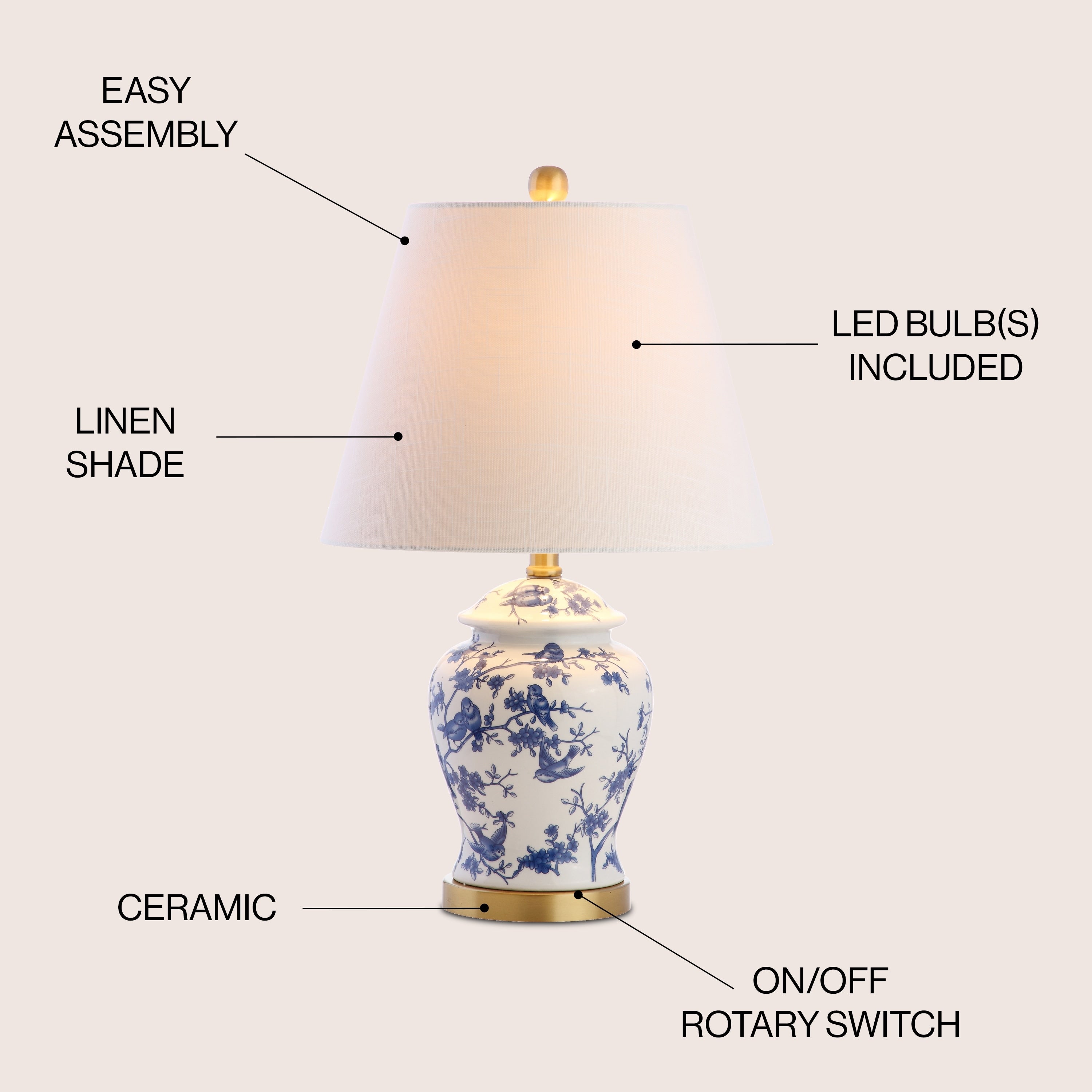 Lampe de table LED Penelope 22 Chinoiserie, bleu/blanc par JONATHAN Y