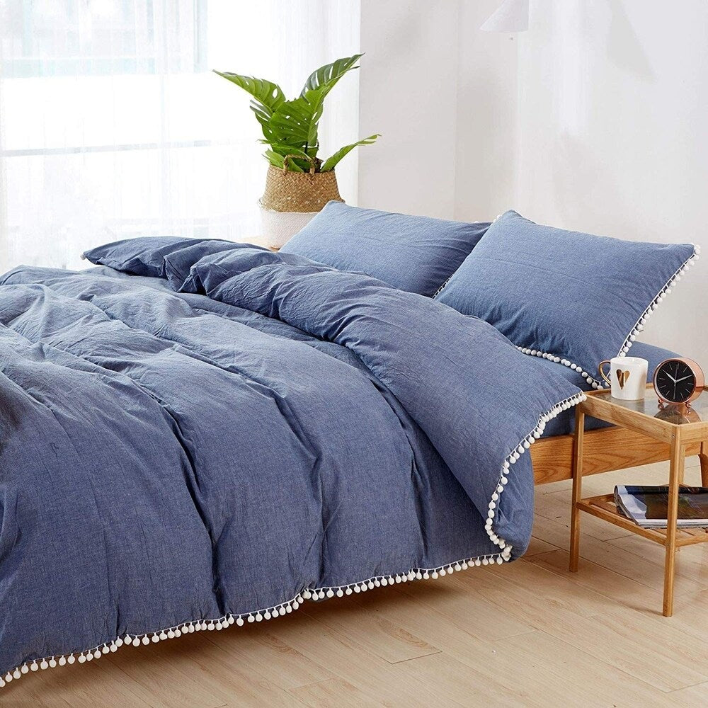 Parure de lit réversible en coton à pompons