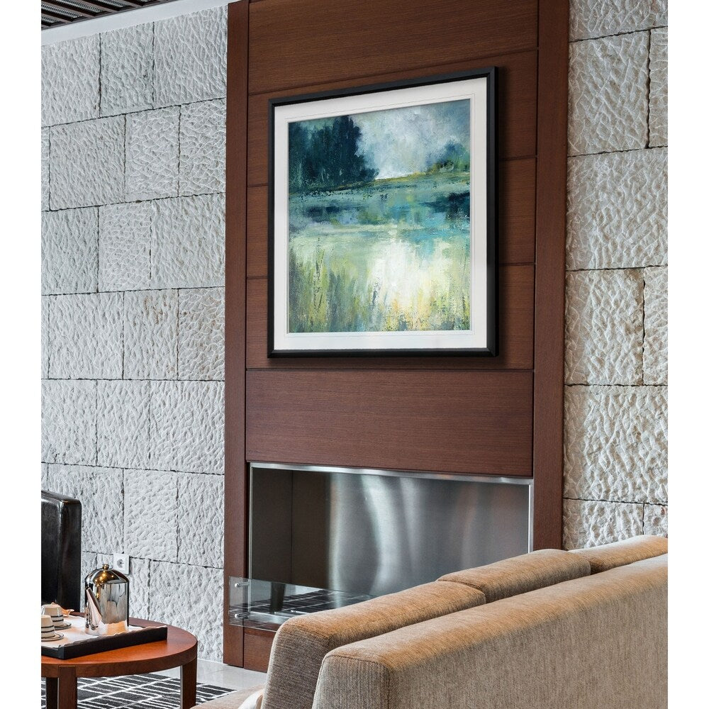 Reflections Edge - Impression encadrée personnalisée - bleu, blanc, gris, jaune, vert, argent, or