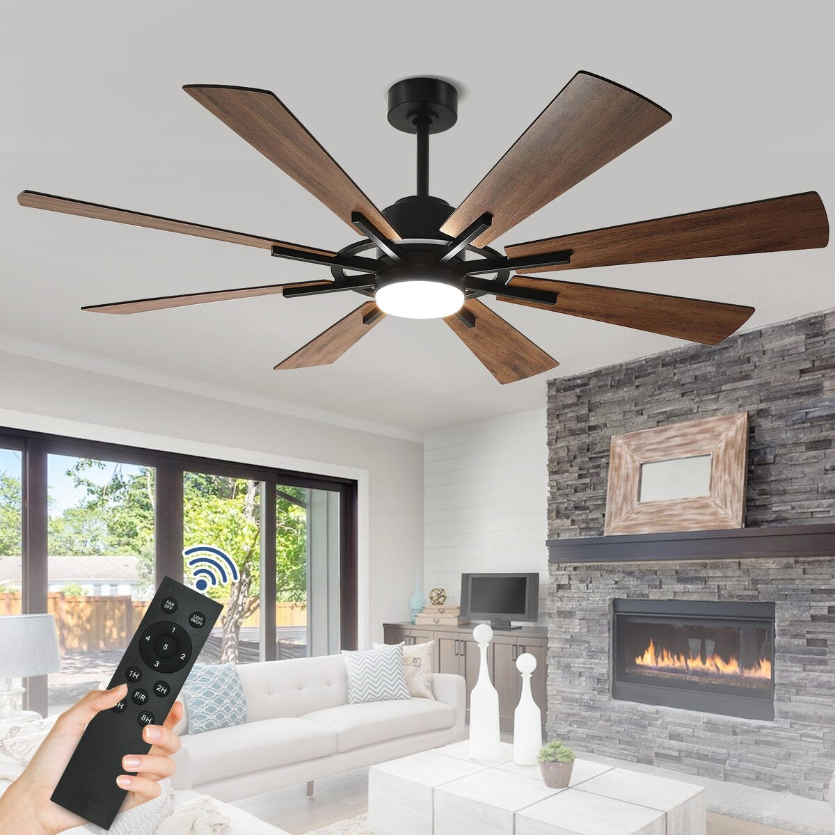 Ventilateur de plafond télécommandé avec lumières, grandes 8 pales en bois