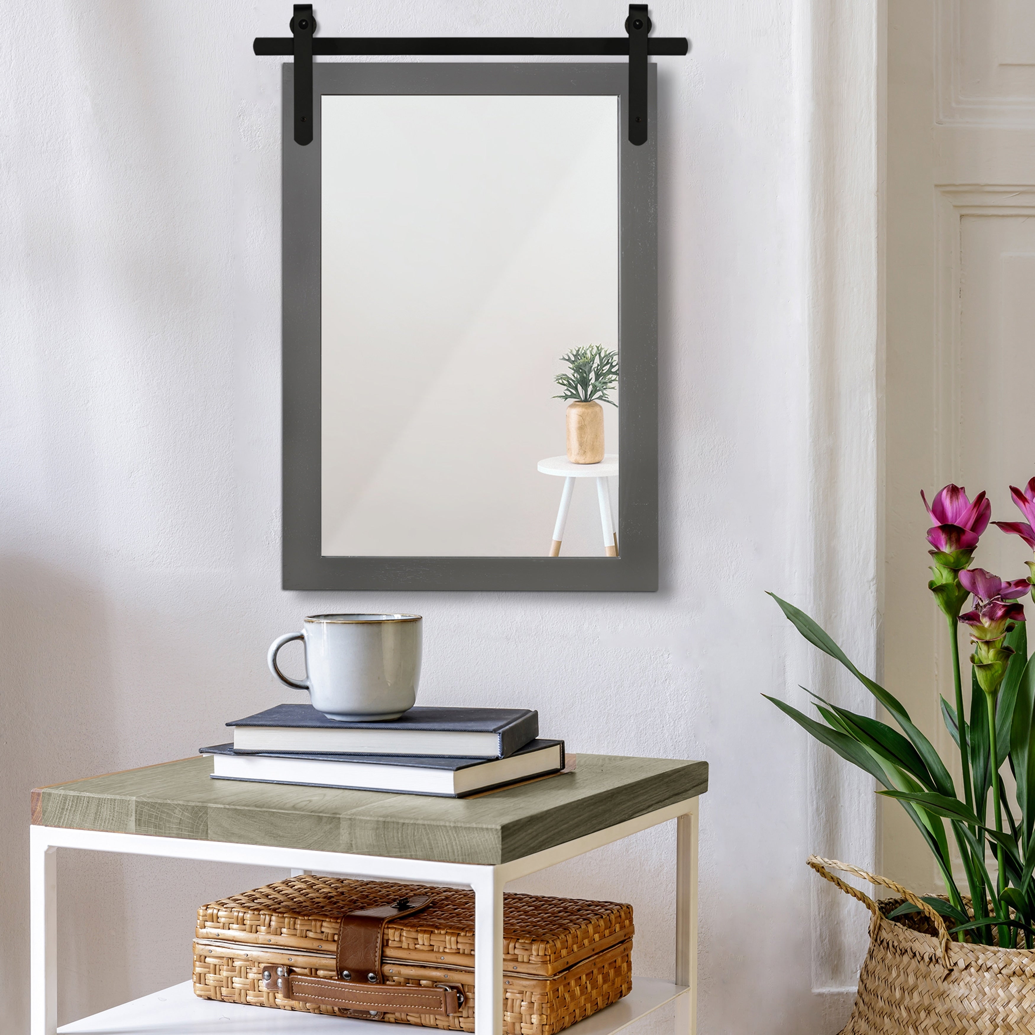 Miroir de ferme rustique Miroir de courtoisie Cadre en bois massif avec miroir de style grange en métal