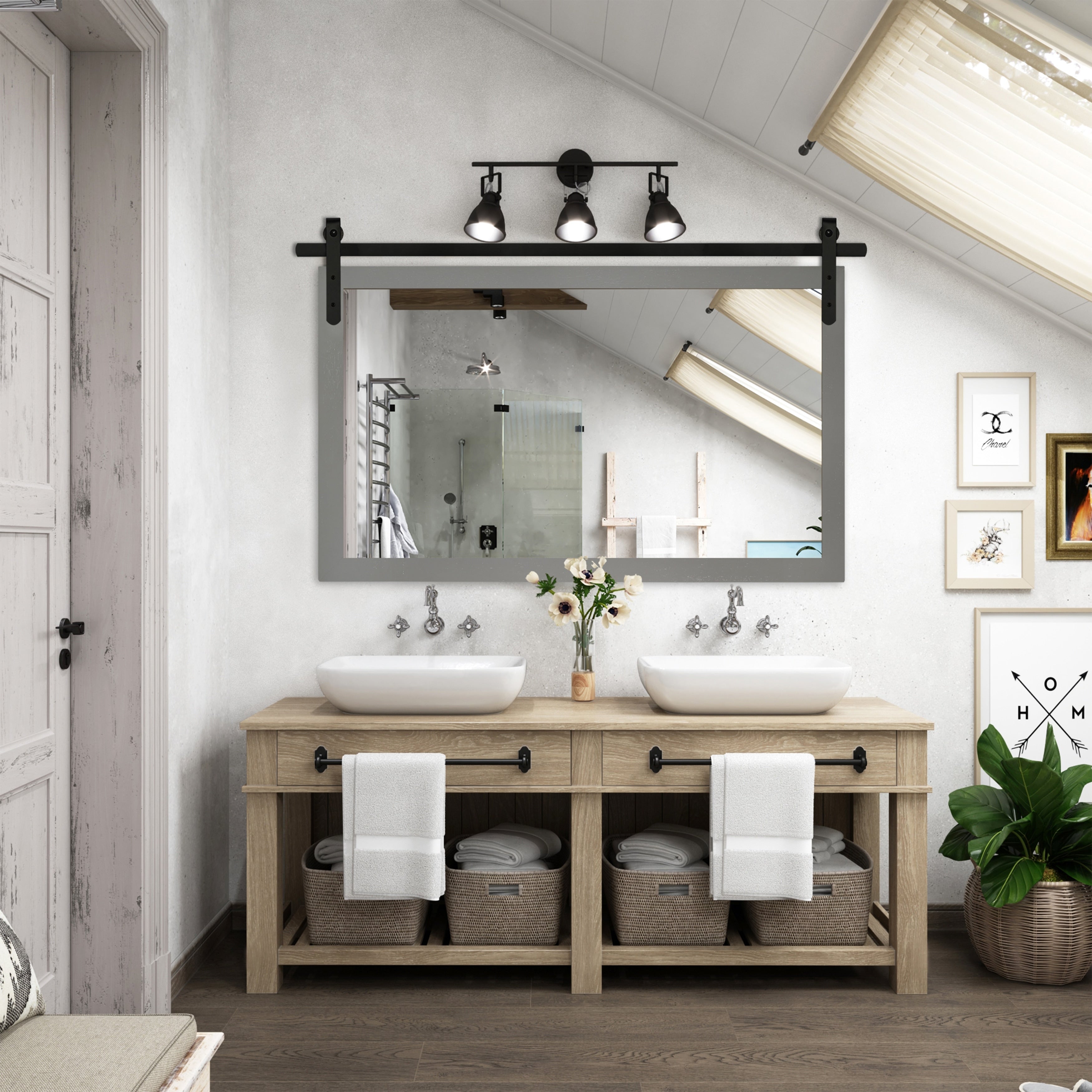 Miroir de ferme rustique Miroir de courtoisie Cadre en bois massif avec miroir de style grange en métal