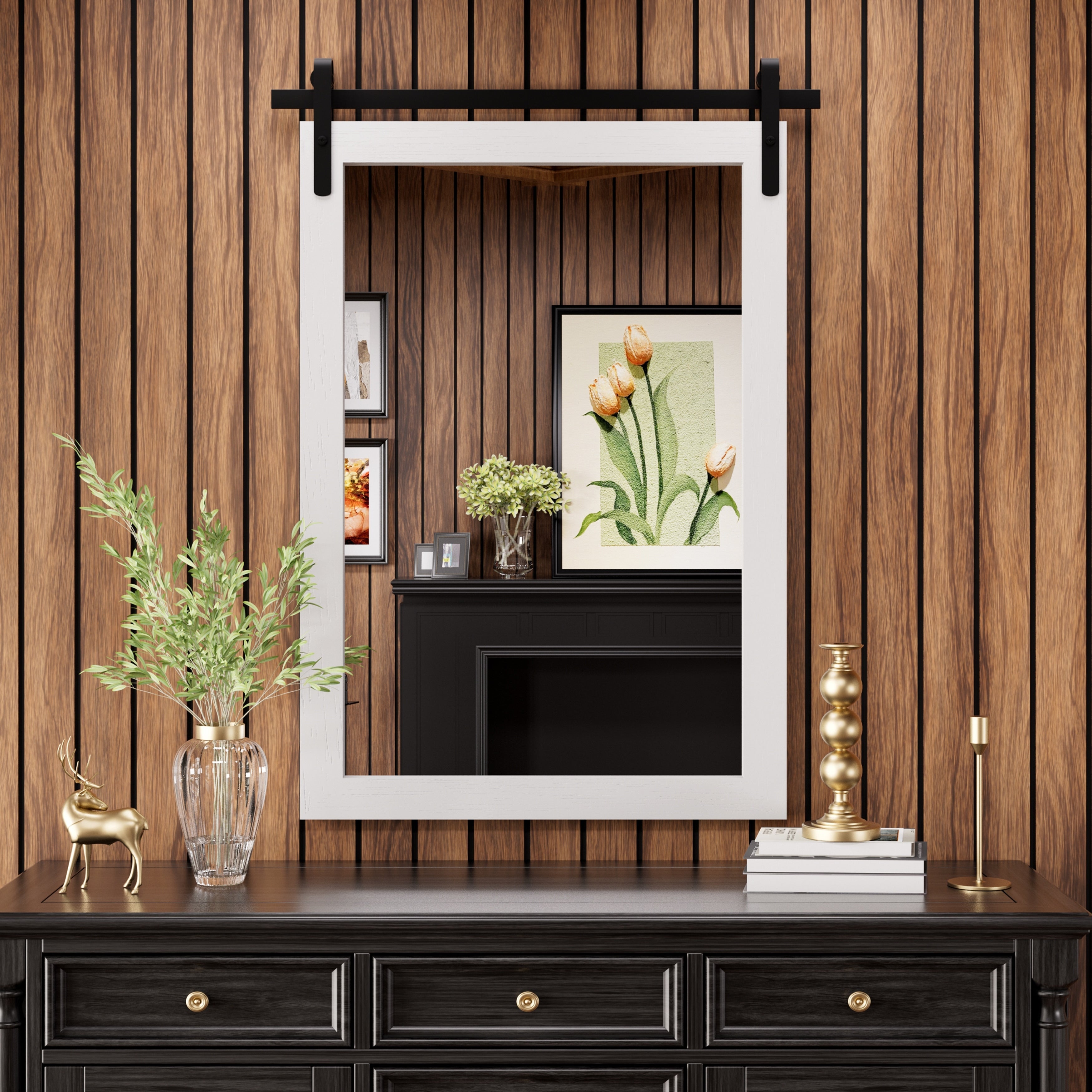 Miroir de ferme rustique Miroir de courtoisie Cadre en bois massif avec miroir de style grange en métal