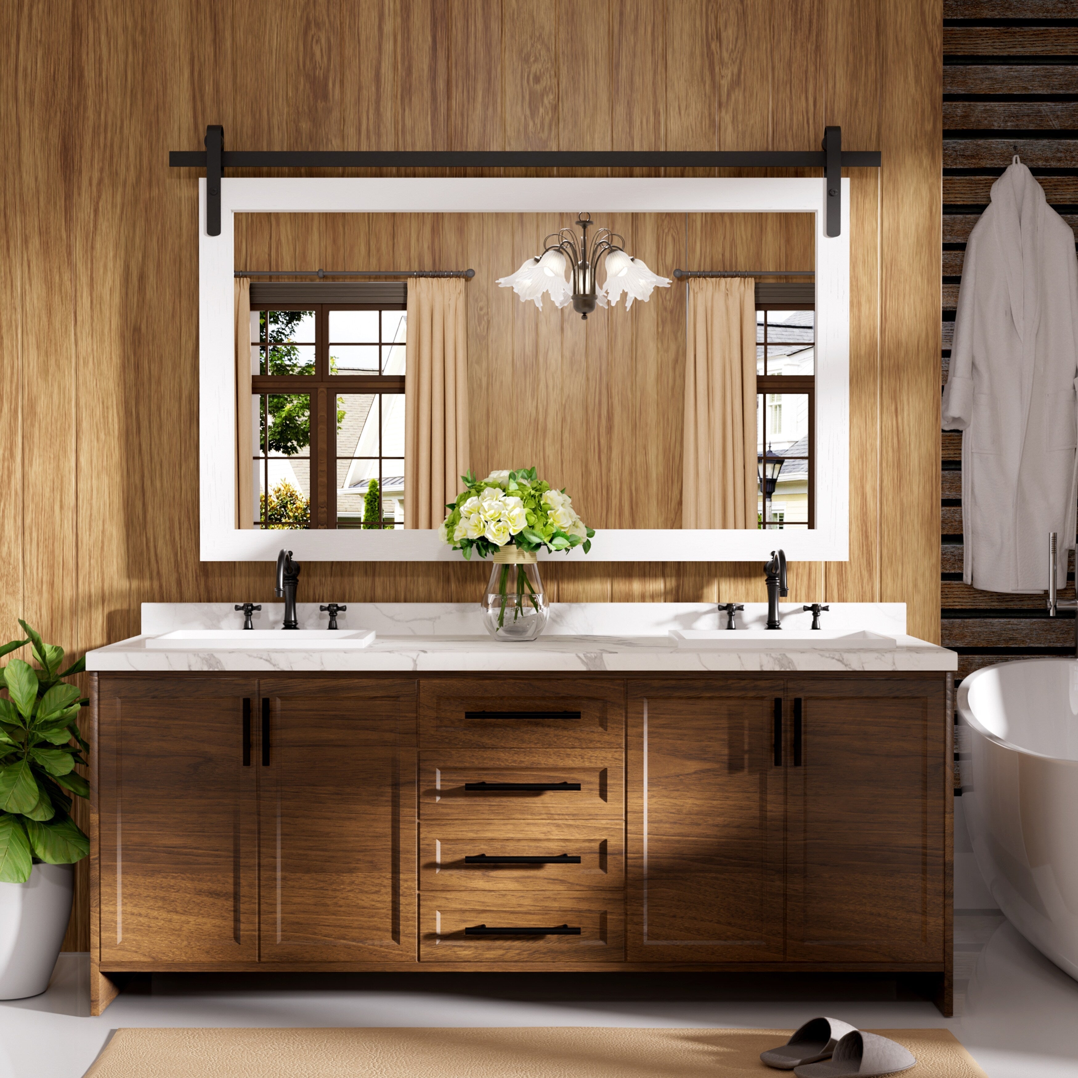 Miroir de ferme rustique Miroir de courtoisie Cadre en bois massif avec miroir de style grange en métal