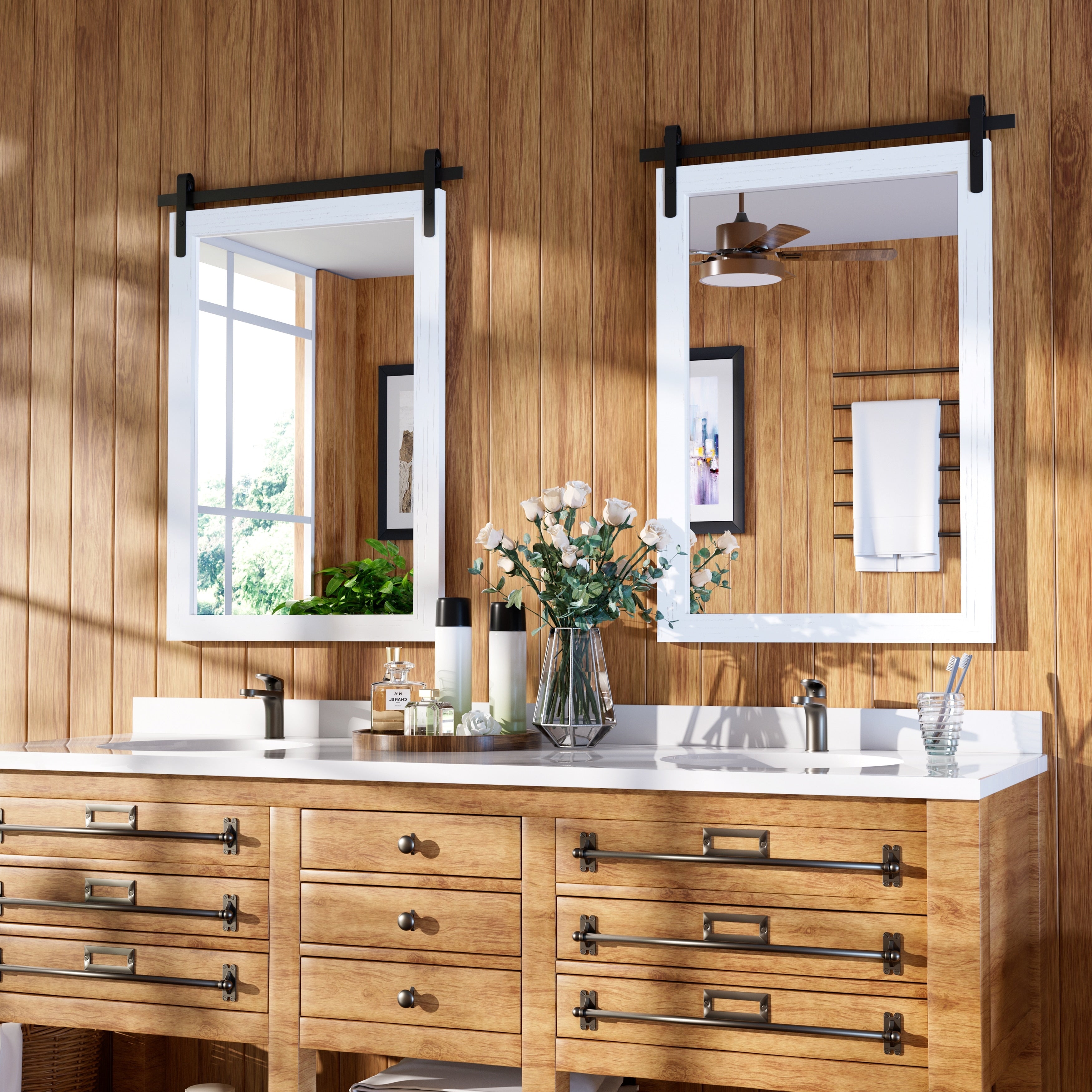 Miroir de ferme rustique Miroir de courtoisie Cadre en bois massif avec miroir de style grange en métal