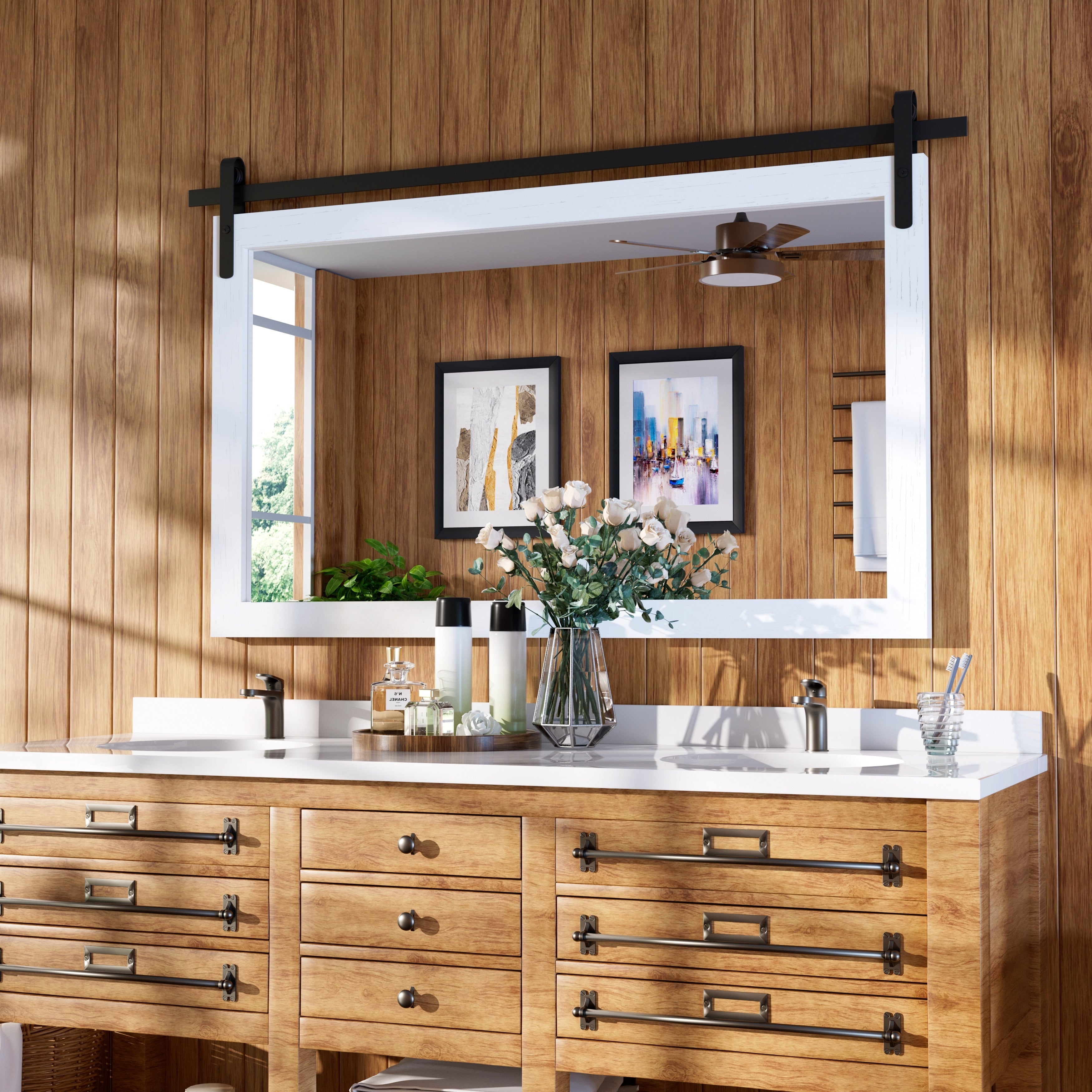 Miroir de ferme rustique Miroir de courtoisie Cadre en bois massif avec miroir de style grange en métal