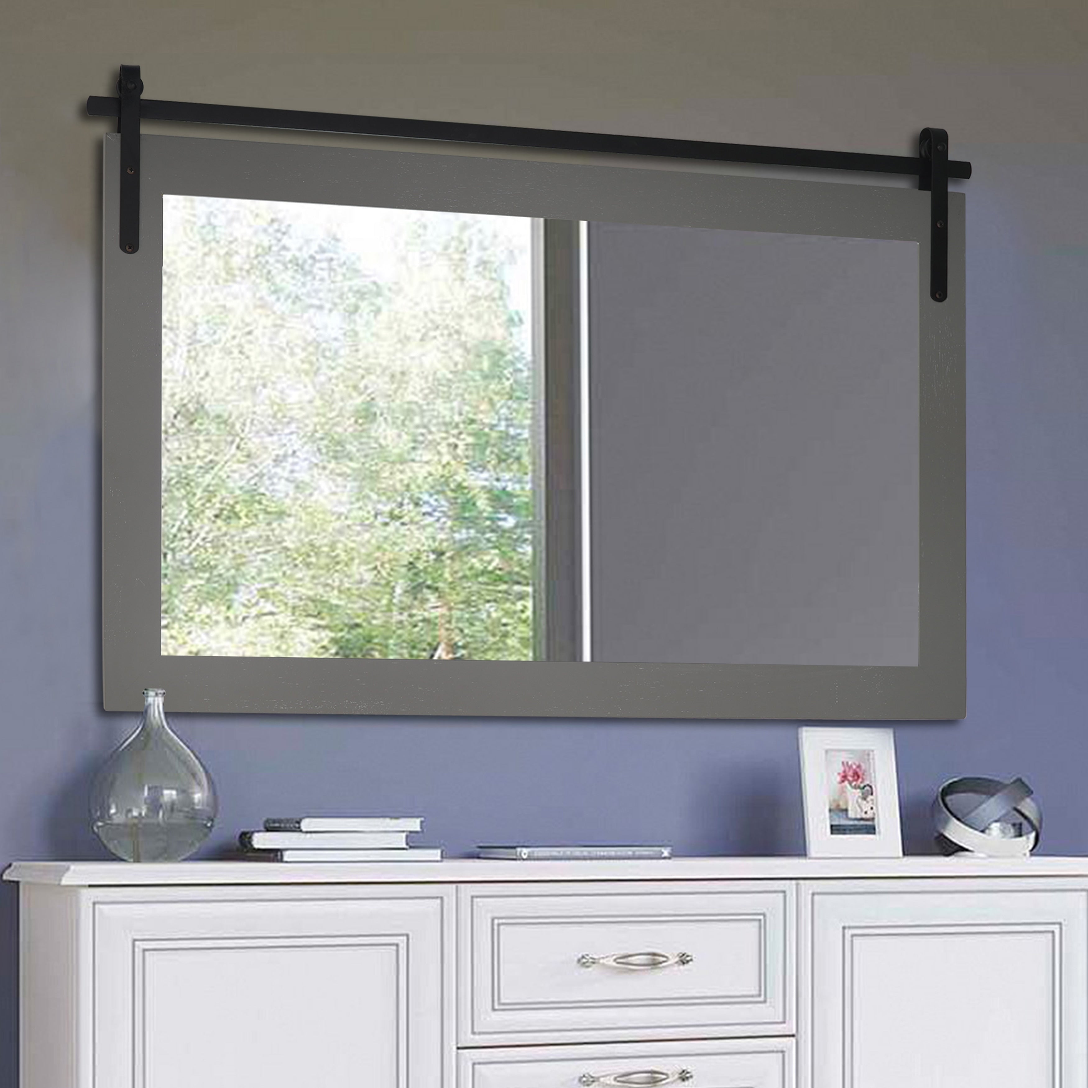 Miroir de ferme rustique Miroir de courtoisie Cadre en bois massif avec miroir de style grange en métal