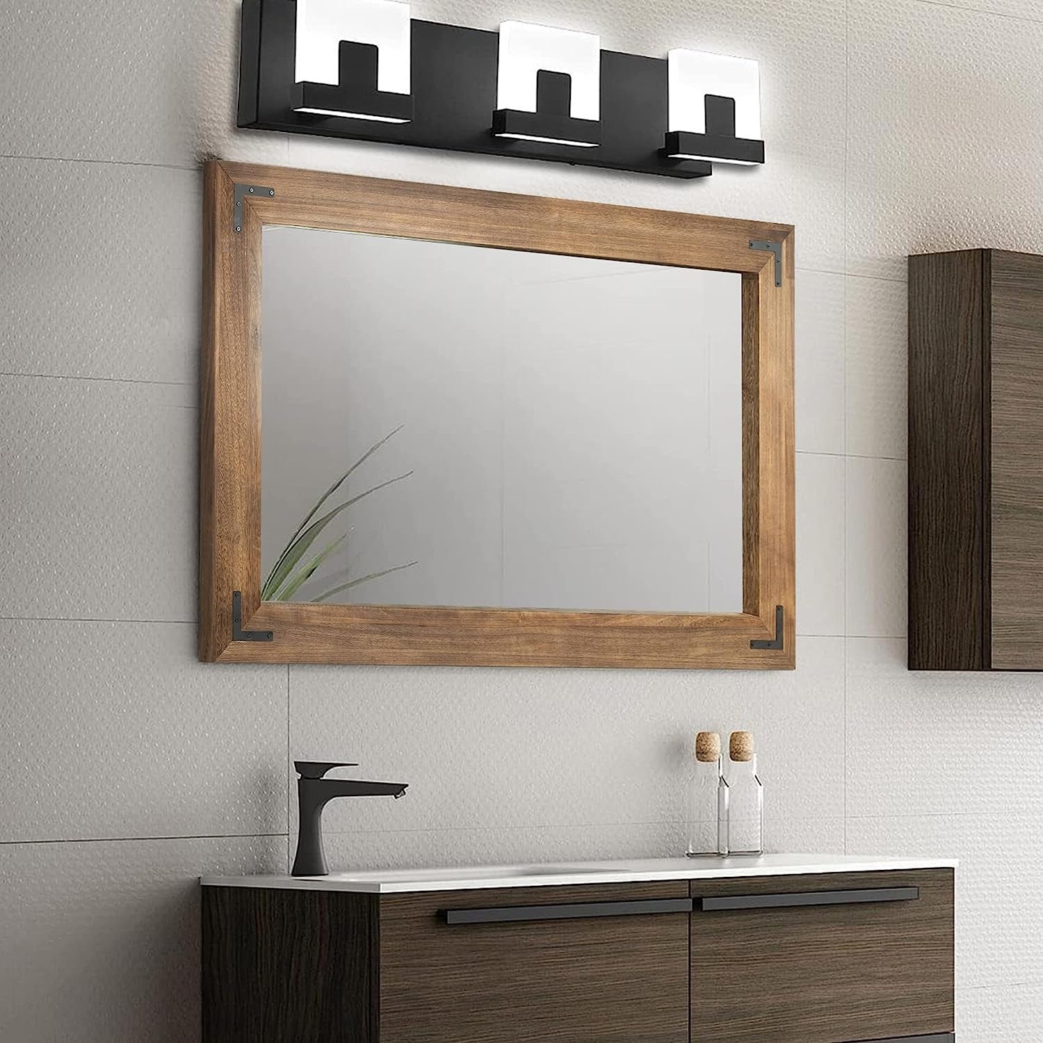 Miroir mural rustique encadré en bois, miroir de salle de bain en bois naturel