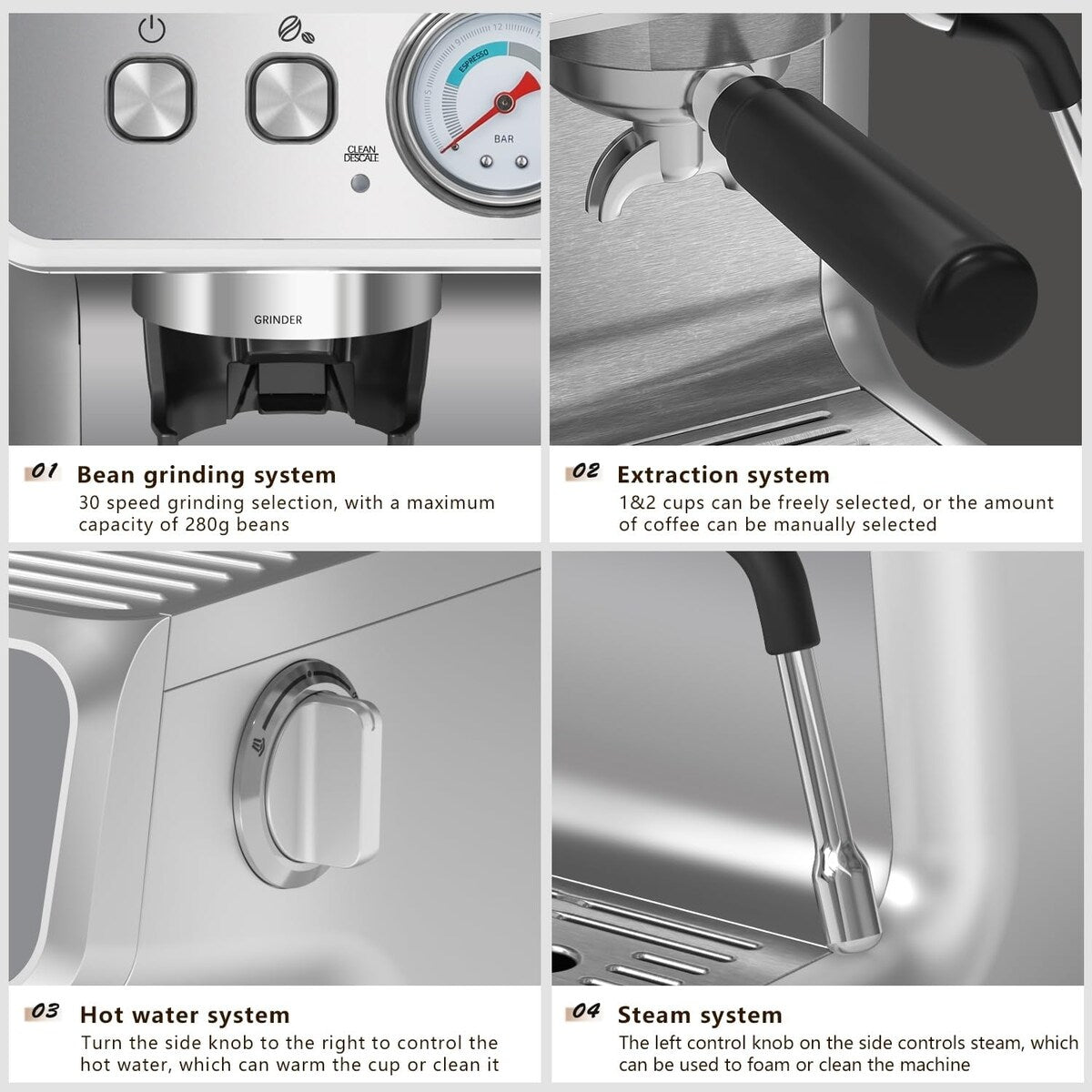 Machine à café semi-automatique avec contrôle intelligent de la température et fonction eau chaude, 30 réglages de mouture