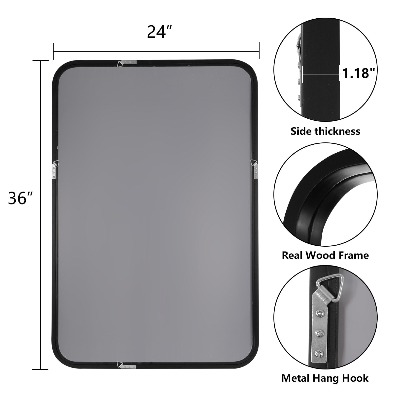Miroir mural rectangulaire d'angle rond avec cadre en bois massif