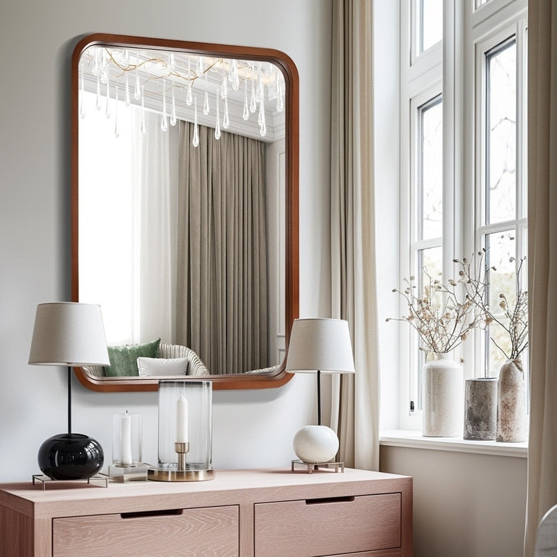 Miroir mural rectangulaire d'angle rond avec cadre en bois massif