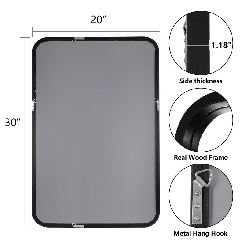 Miroir mural rectangulaire d'angle rond avec cadre en bois massif