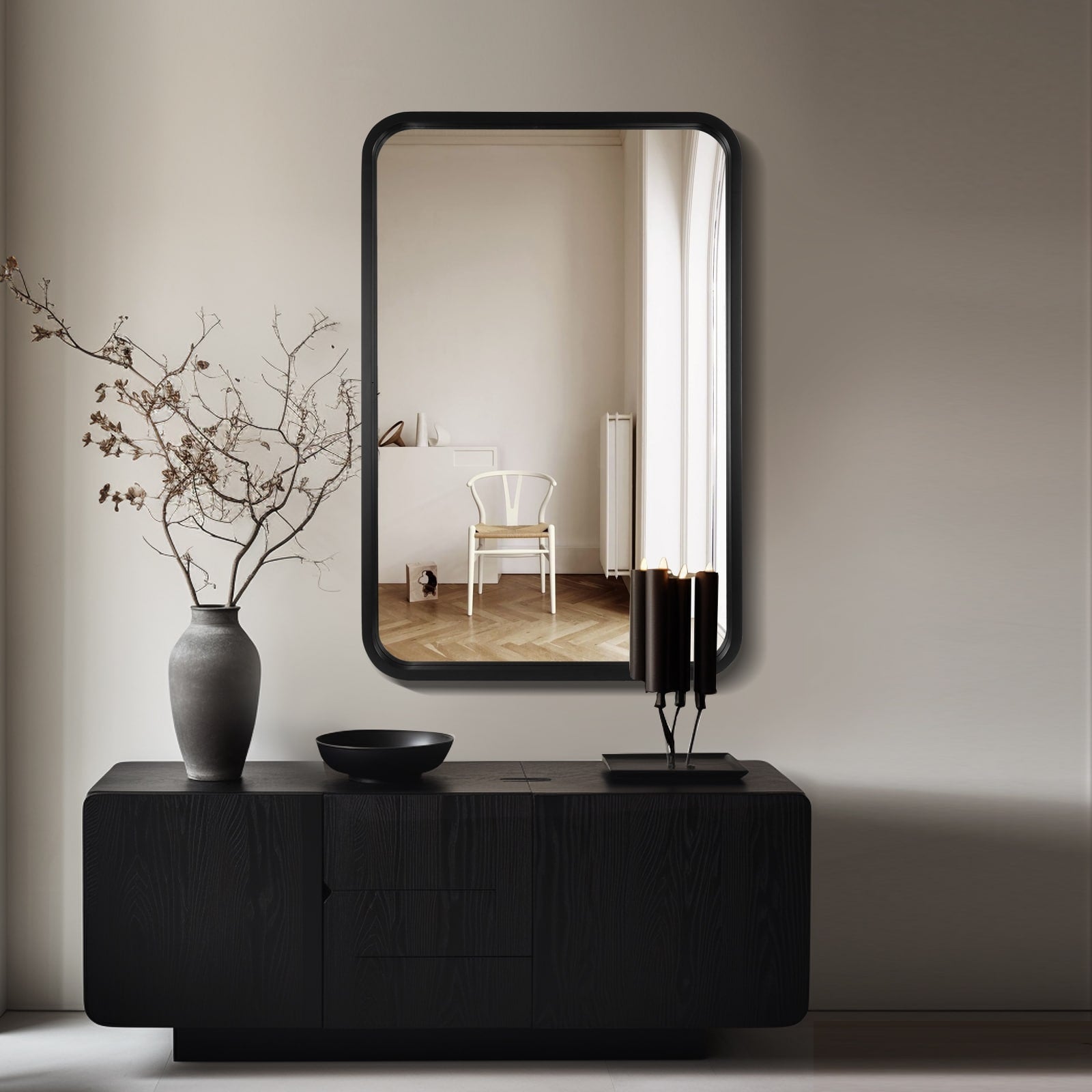 Miroir mural rectangulaire d'angle rond avec cadre en bois massif