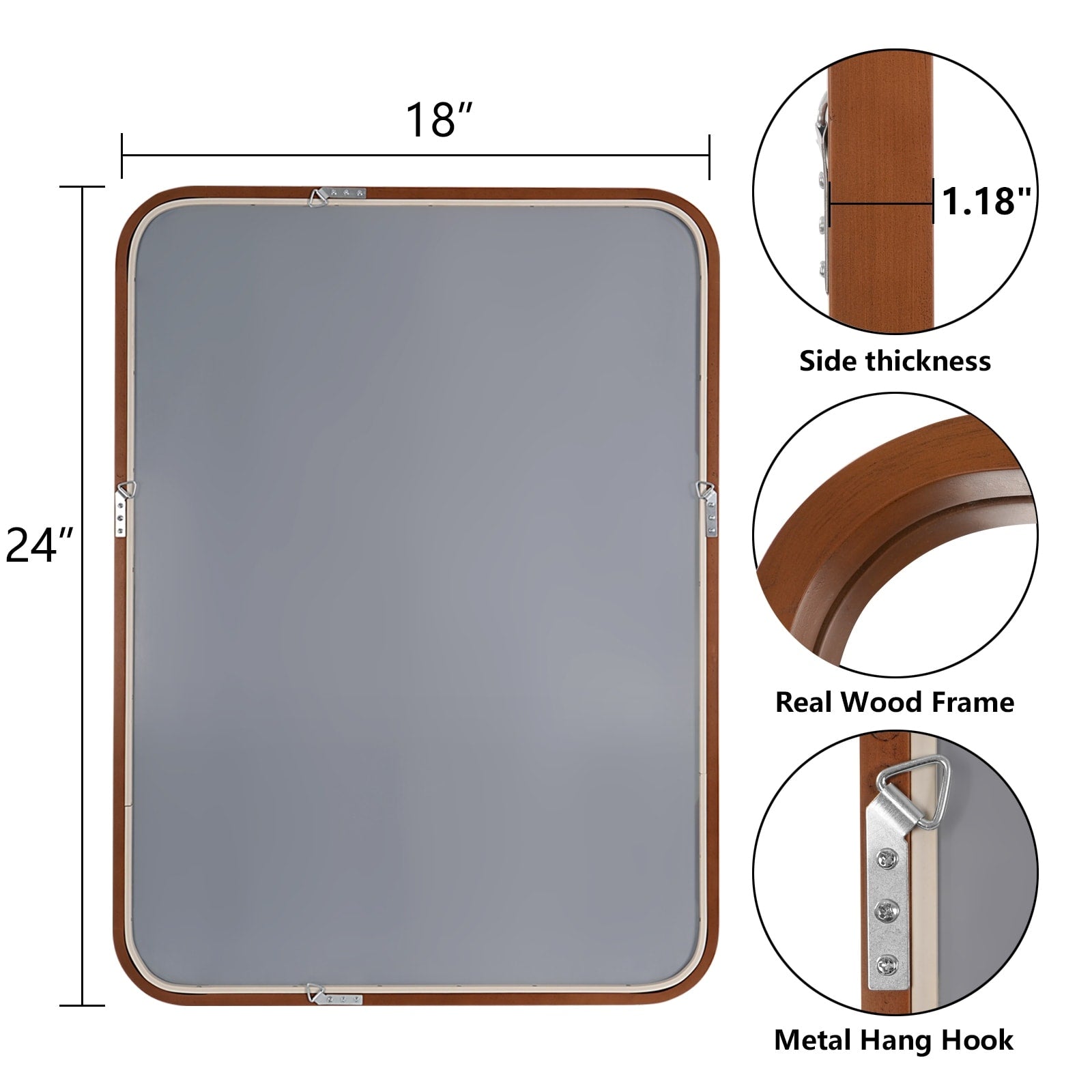 Miroir mural rectangulaire d'angle rond avec cadre en bois massif