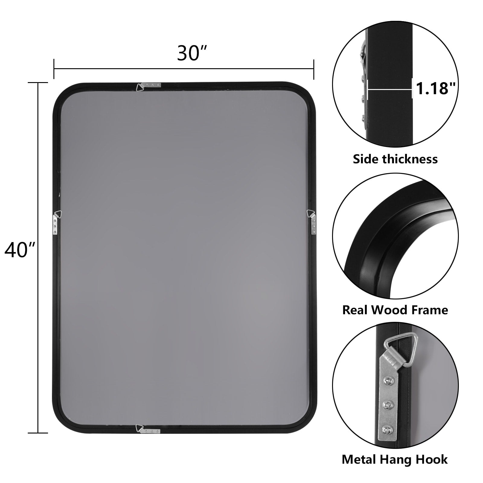 Miroir mural rectangulaire d'angle rond avec cadre en bois massif