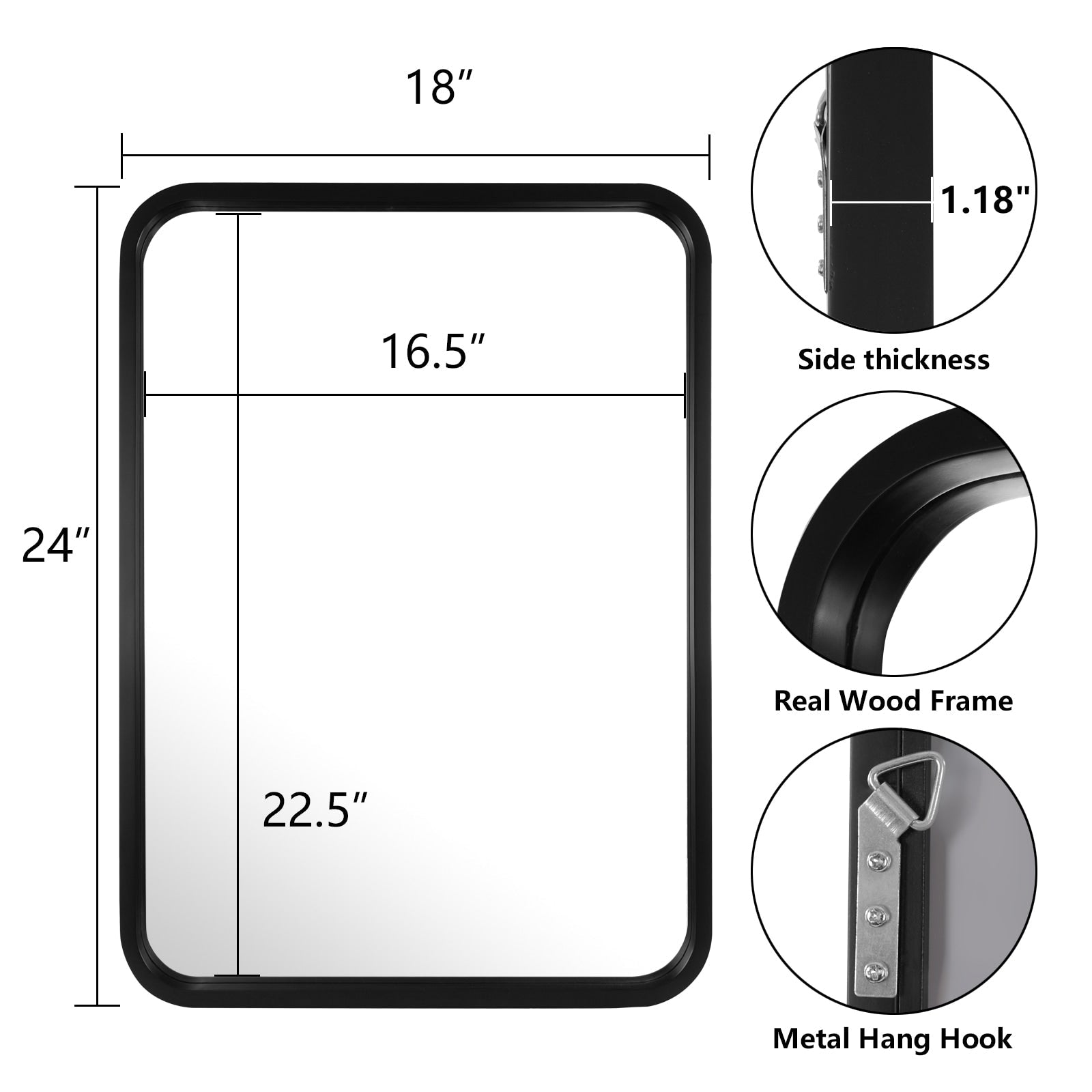 Miroir mural rectangulaire d'angle rond avec cadre en bois massif