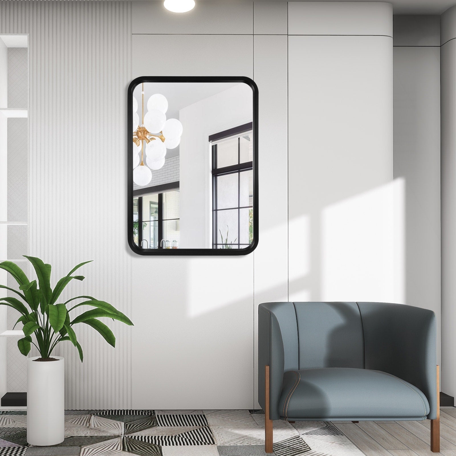 Miroir mural rectangulaire d'angle rond avec cadre en bois massif