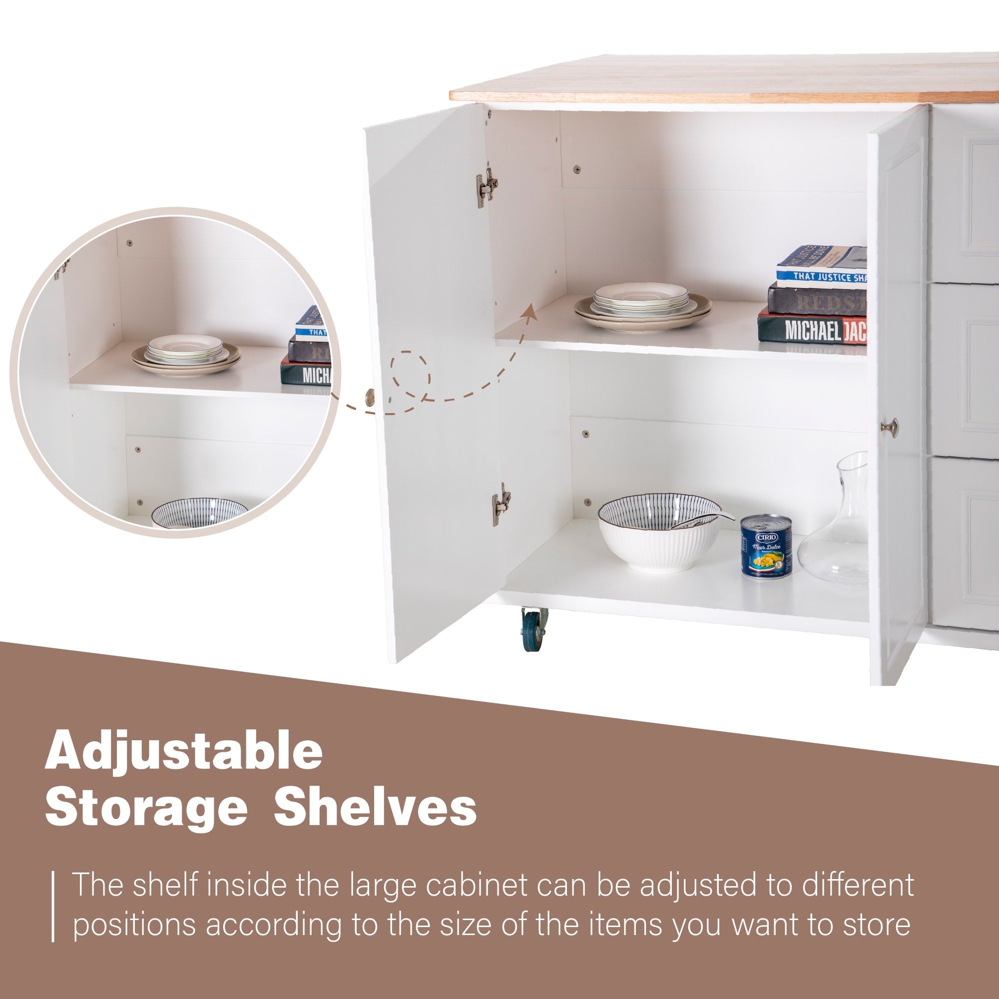 Desserte de cuisine Sophia & William avec abattant et plateau en bois d'hévéa, desserte de cuisine roulante avec grand meuble de rangement