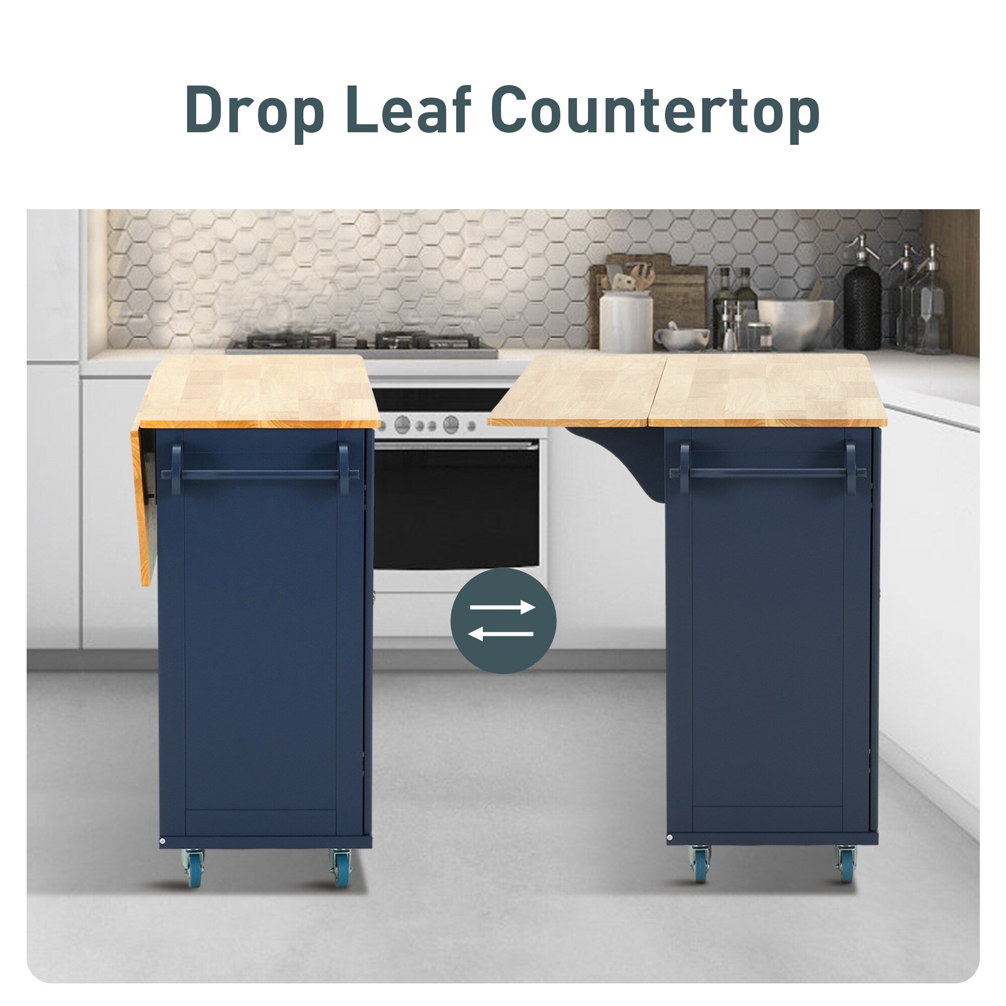 Desserte de cuisine Sophia & William avec abattant et plateau en bois d'hévéa, desserte de cuisine roulante avec grand meuble de rangement