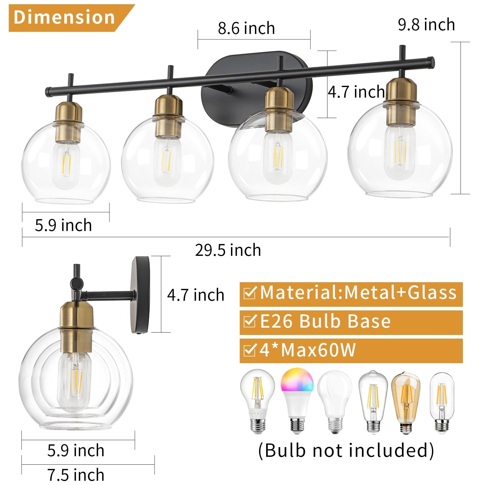 Applique de salle de bain moderne Starsky à 4 lumières et intensité variable avec abat-jour en verre globe