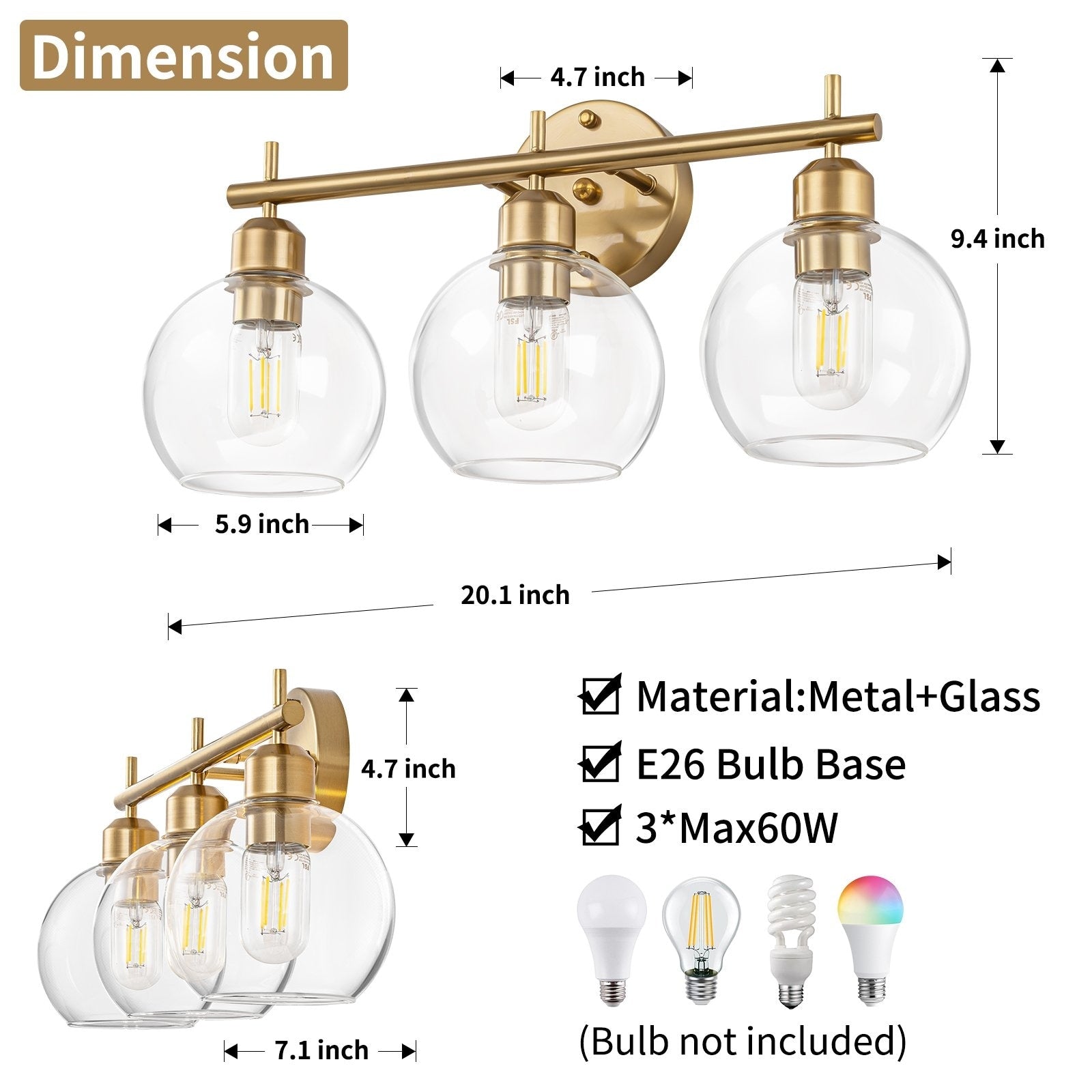 Applique de salle de bain moderne Starsky à 4 lumières et intensité variable avec abat-jour en verre globe