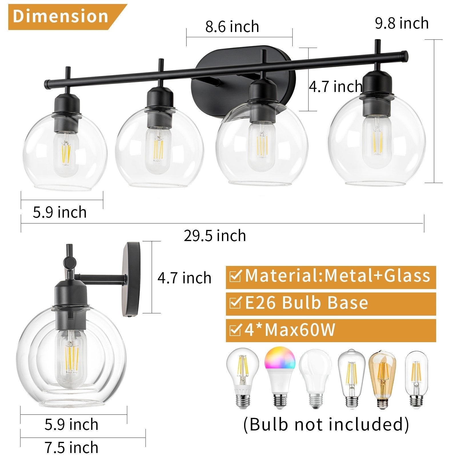 Applique de salle de bain moderne Starsky à 4 lumières et intensité variable avec abat-jour en verre globe