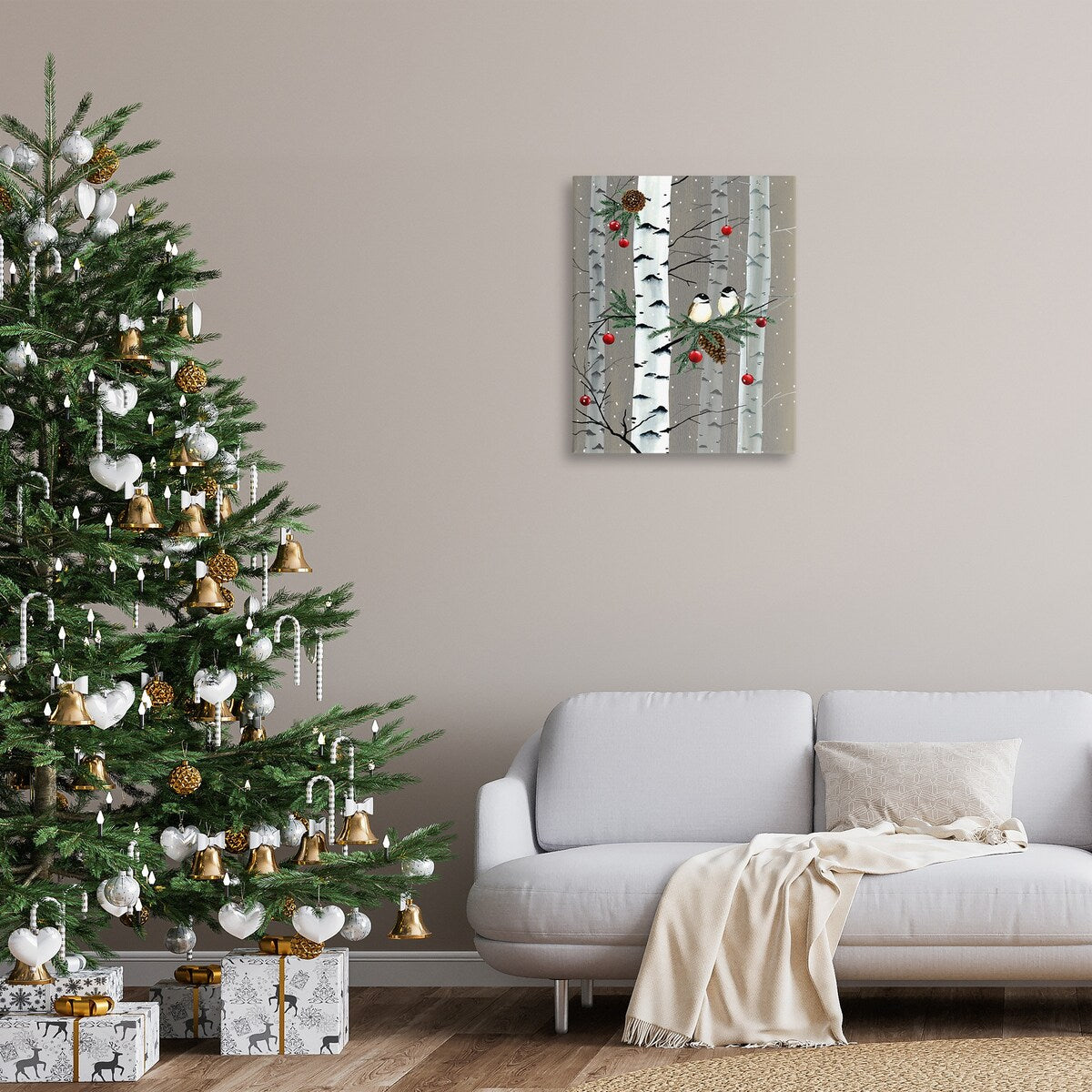 Décoration murale sur toile Stupell, oiseaux et décorations de Noël, forêt de bouleaux