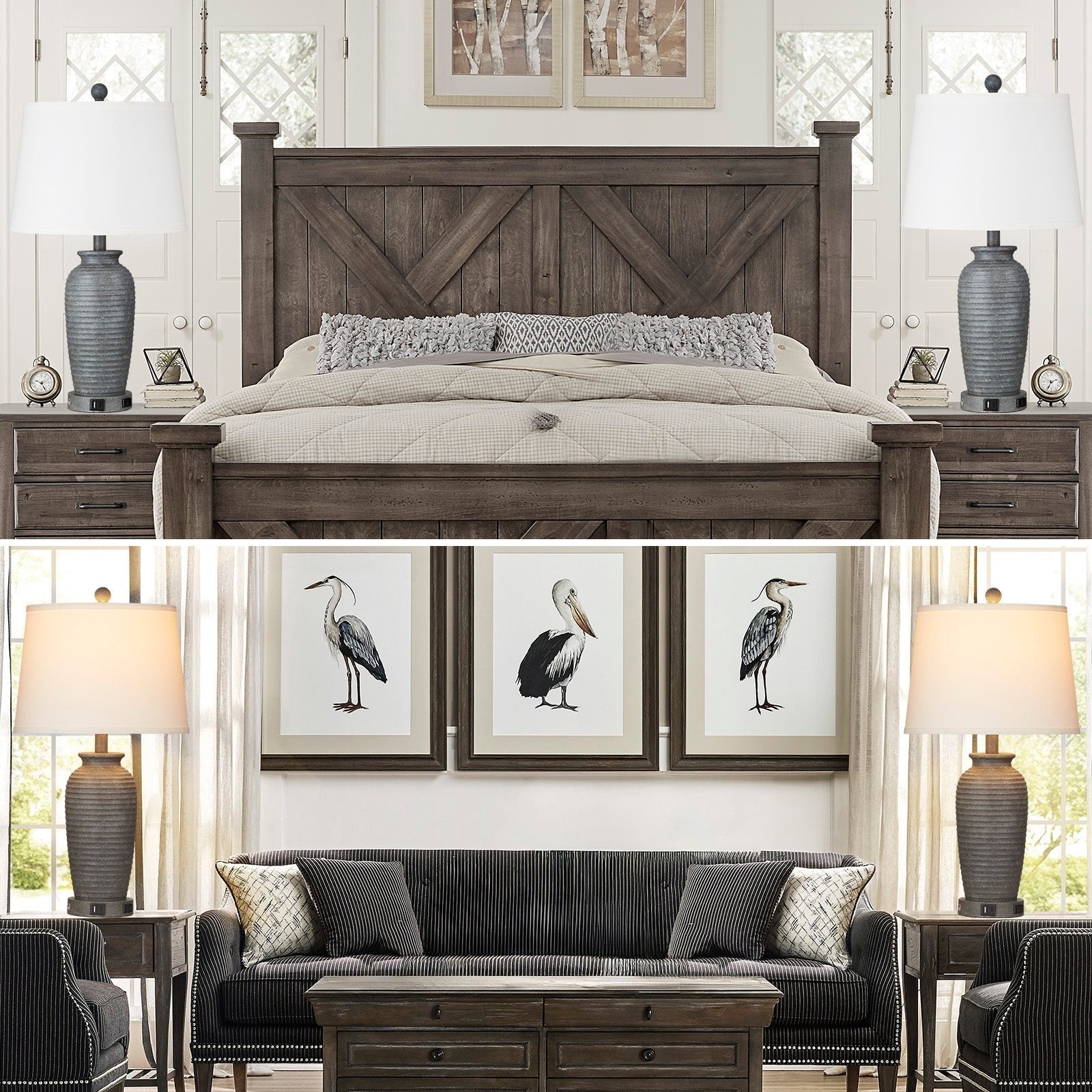 Lampes de table en résine grise avec variateur tactile à 3 positions, port de charge USB et prise secteur (lot de 2)