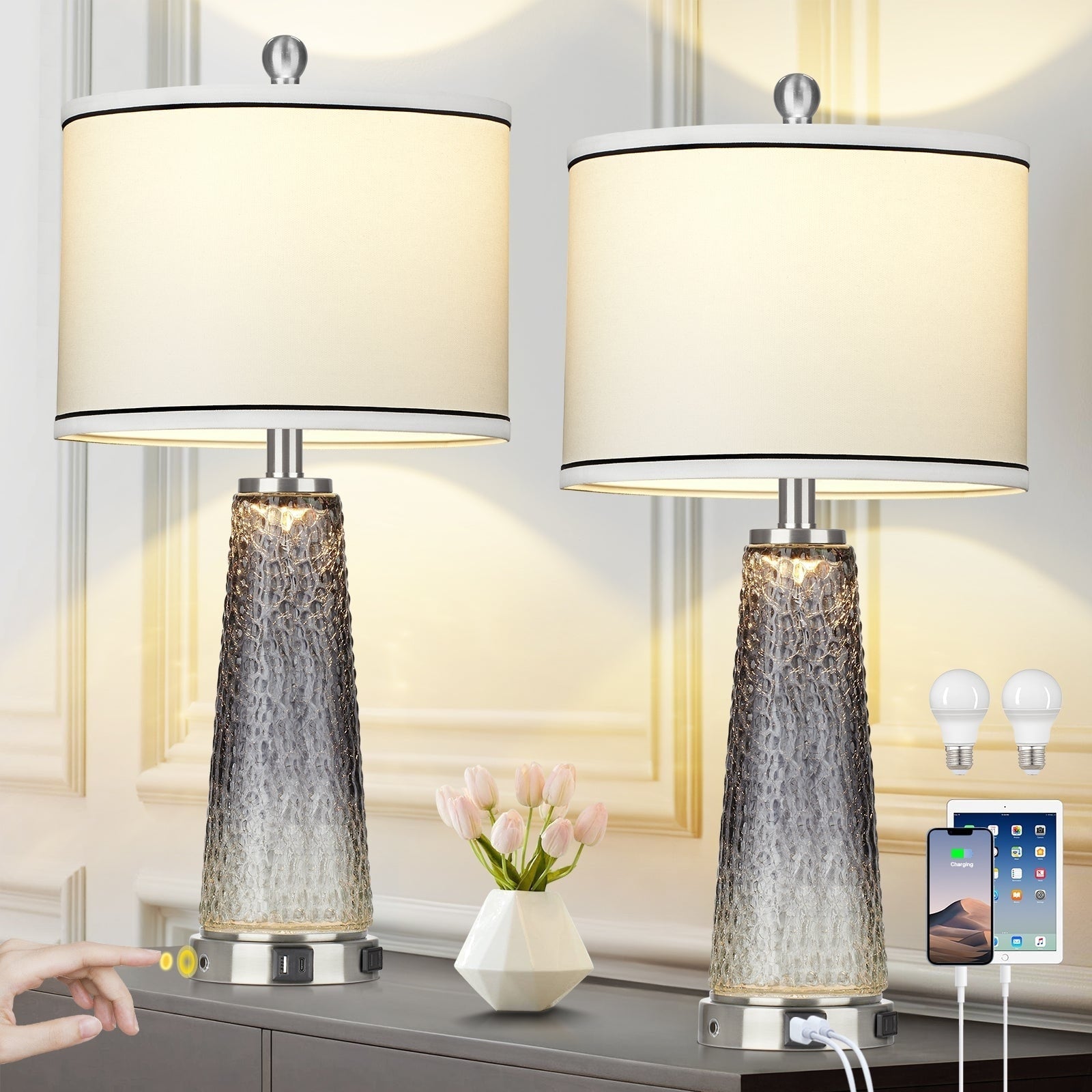 Lampes de table 2 en 1 en verre gris, avec ports de charge et interrupteur tactile à 2 voies (lot de 2) - 30,5 x 30,5 x 66 cm (L x l x H)