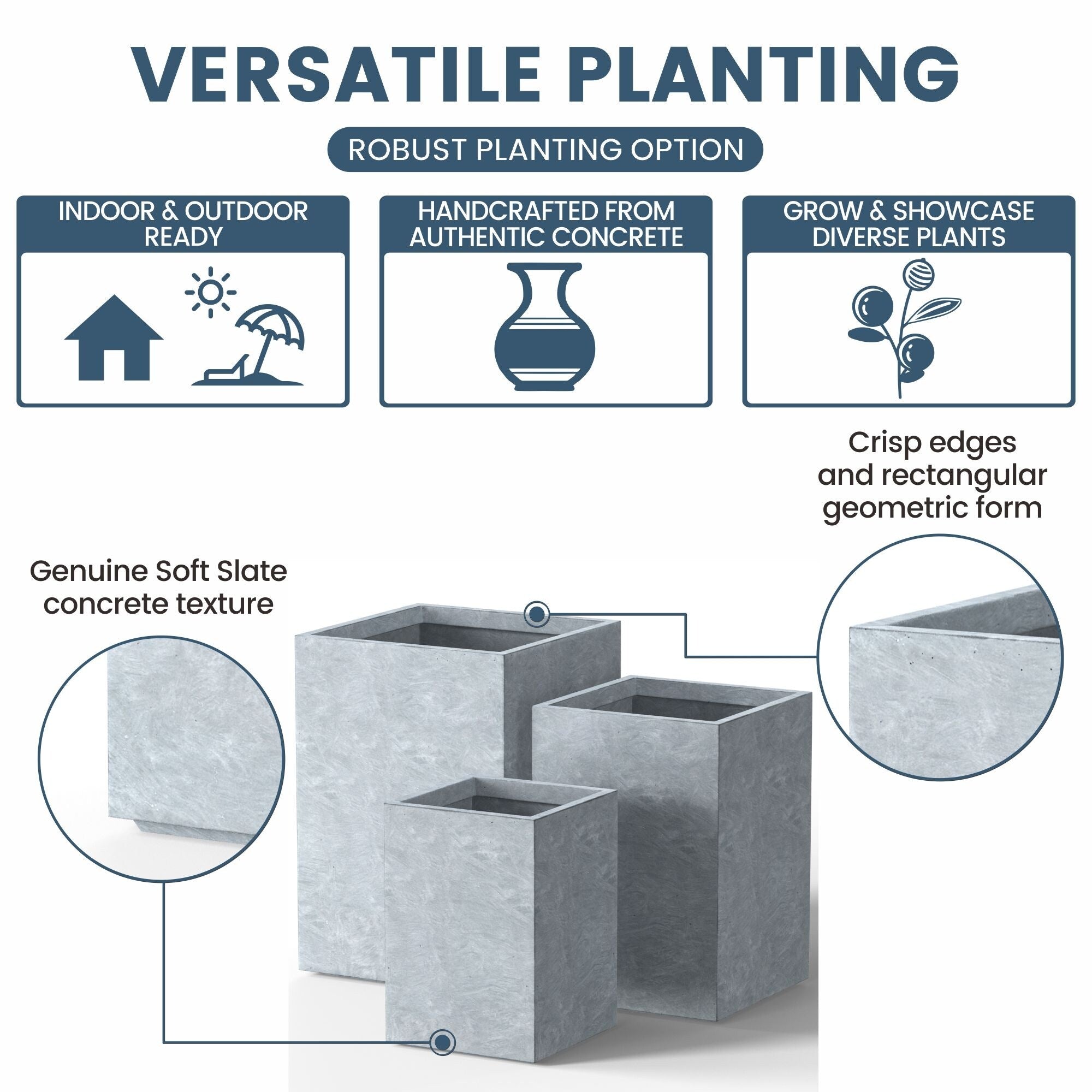 Jardinières rectangulaires en béton de grande taille / Grandes jardinières d'intérieur et d'extérieur