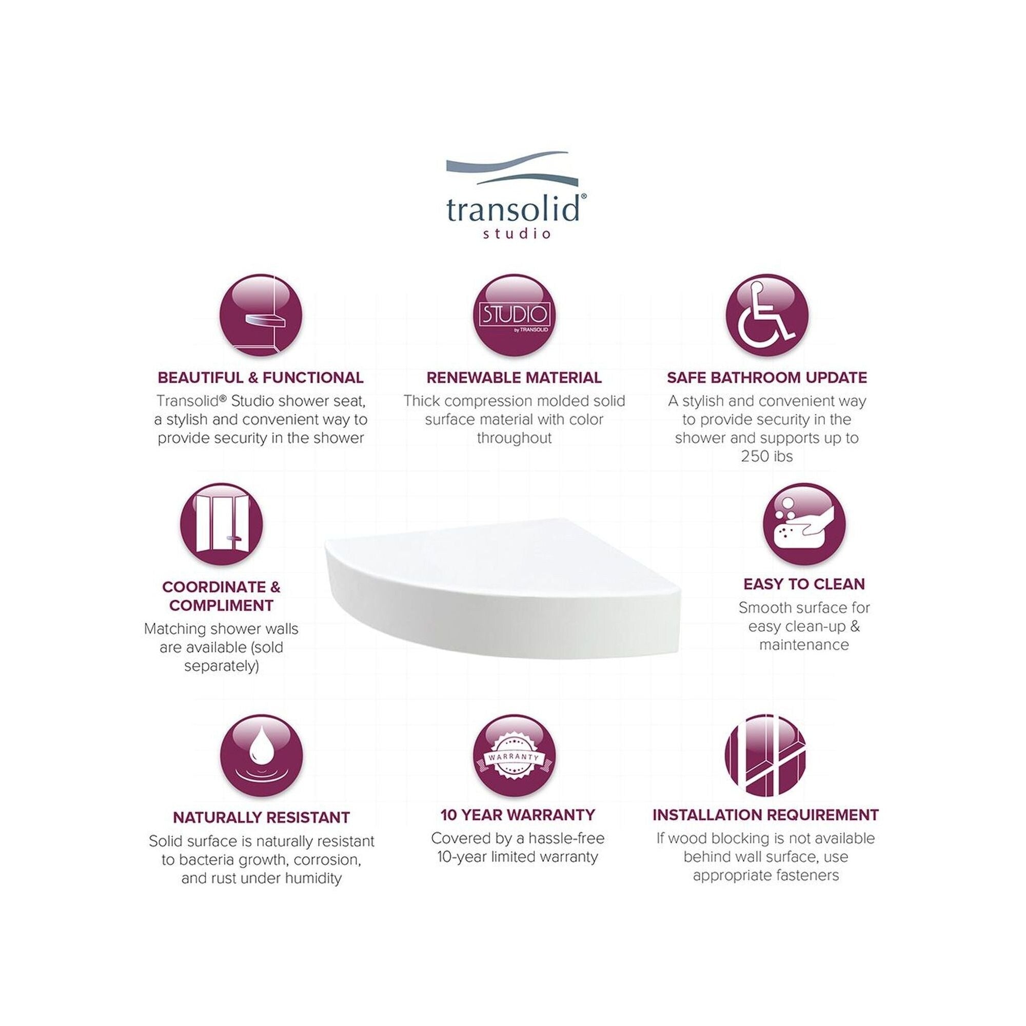 Siège de douche d'angle mural en surface solide Transolid Studio 14 po x 14 po - 14,5 x 14,25 x 3