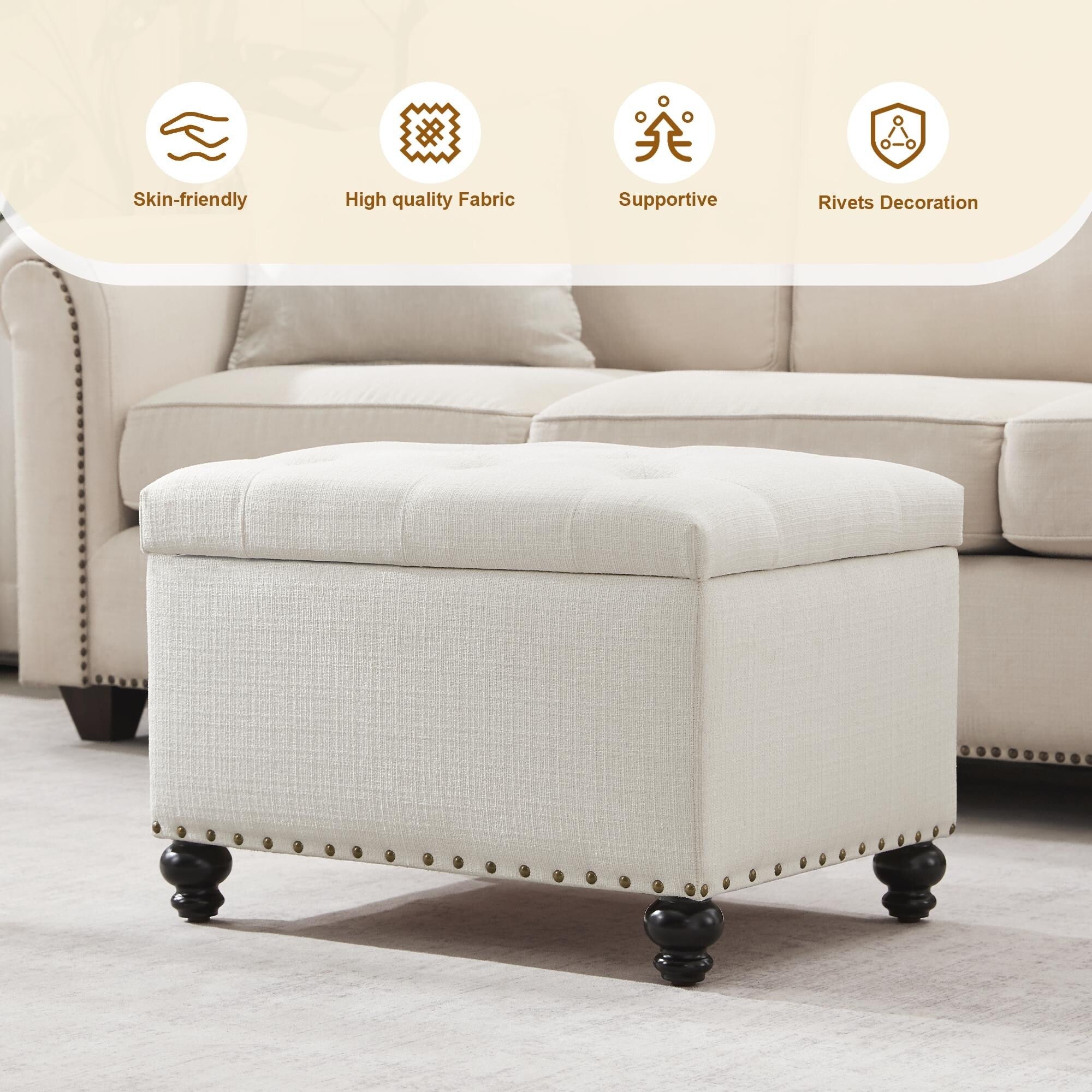 Banc ottoman de rangement capitonné, repose-pieds rectangulaire