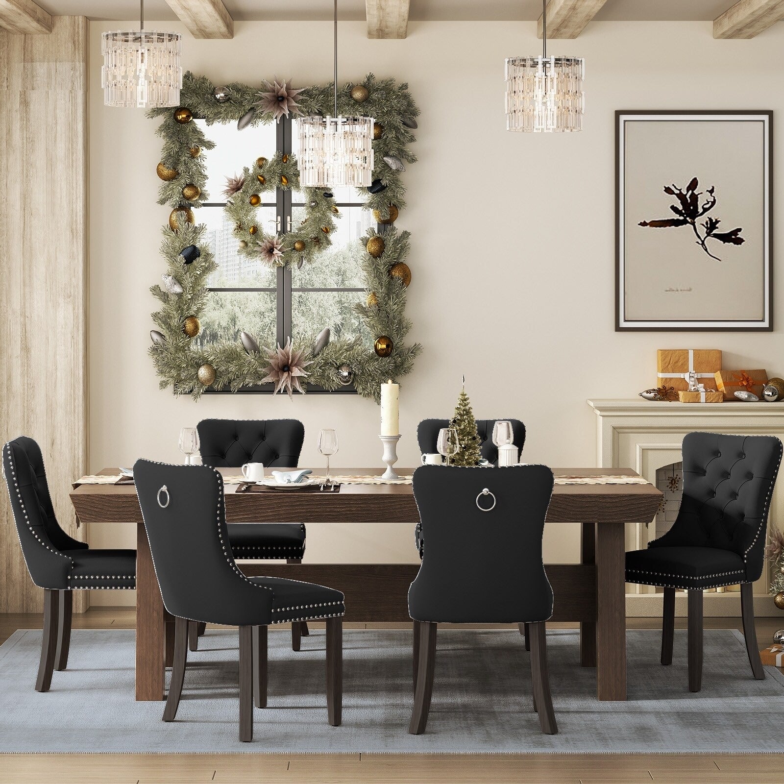 Chaise de salle à manger capitonnée en velours avec pieds en bois massif, lot de 6