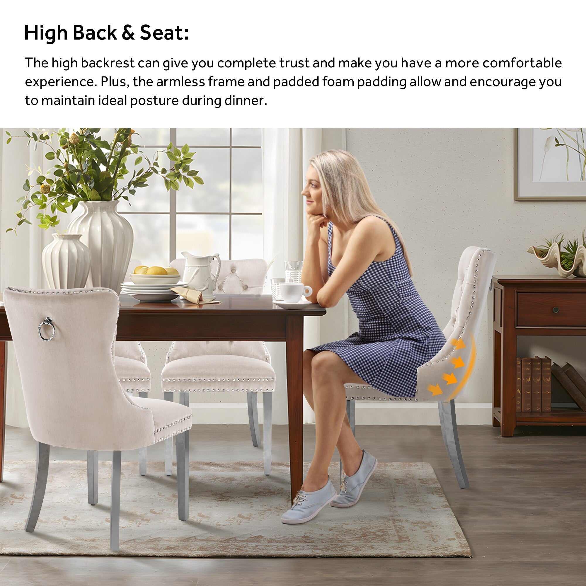 Chaise de salle à manger capitonnée en velours avec pieds en bois massif, lot de 6