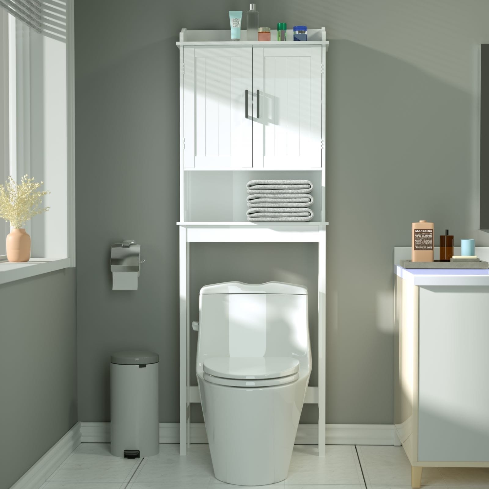 VEIKOUS Armoire de rangement en bambou au-dessus des toilettes, organiseur de salle de bain avec étagère réglable et portes doubles