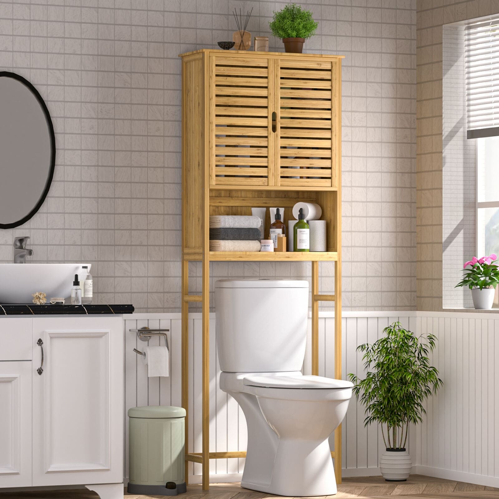 VEIKOUS Armoire de rangement en bambou au-dessus des toilettes, organiseur de salle de bain avec étagère réglable et portes doubles