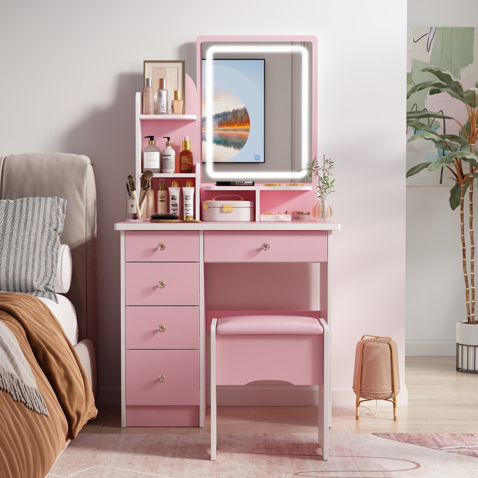 Ensemble de coiffeuse avec miroir et lampe, coiffeuse de maquillage avec tabouret