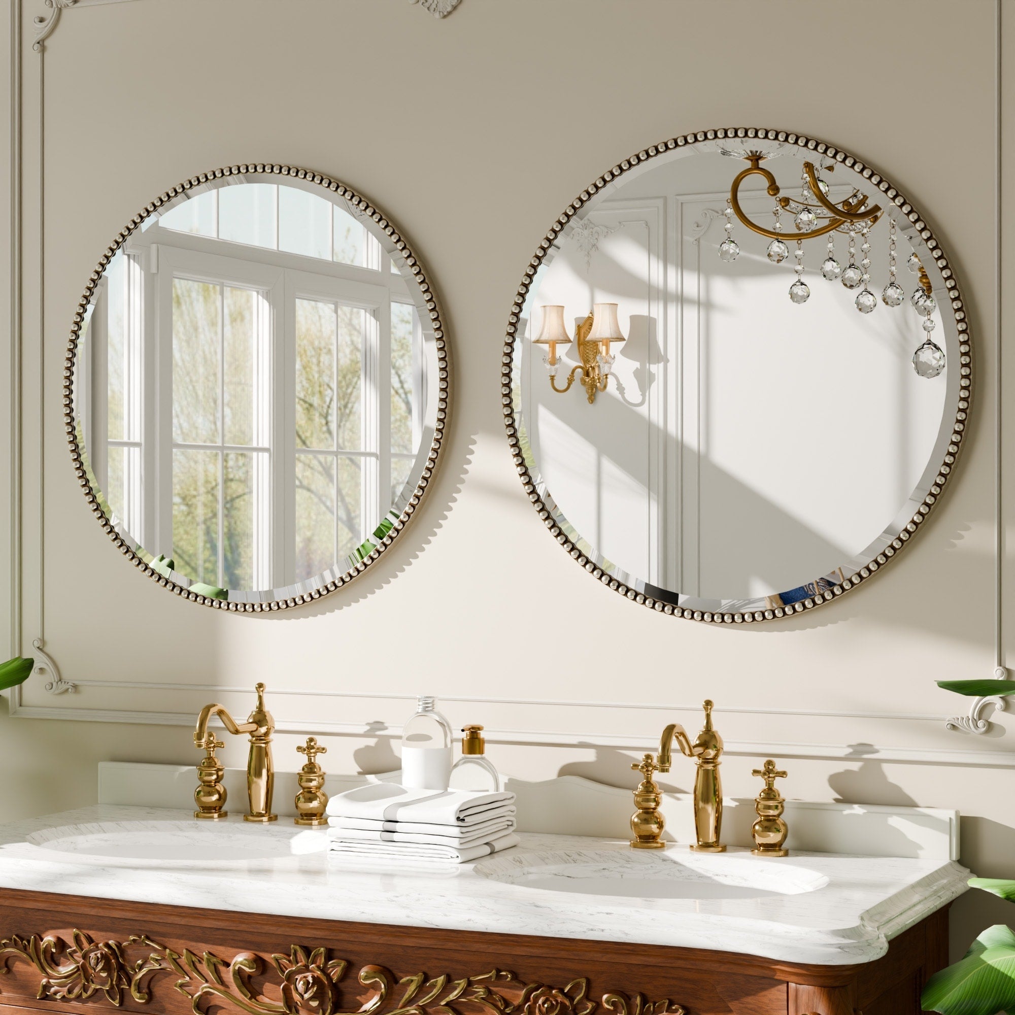 Miroir de salle de bain rond vintage avec cadre perlé
