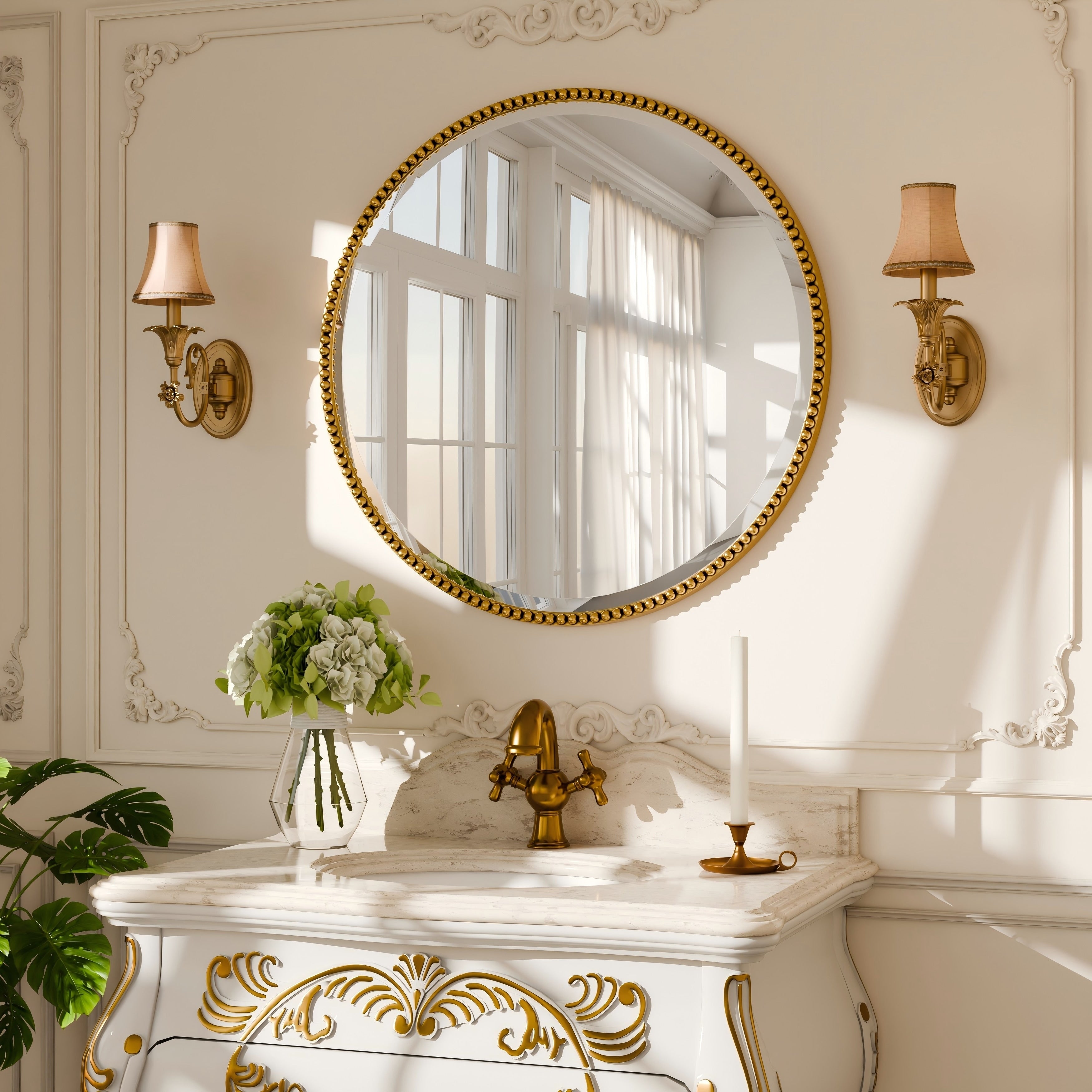 Miroir de salle de bain rond vintage avec cadre perlé
