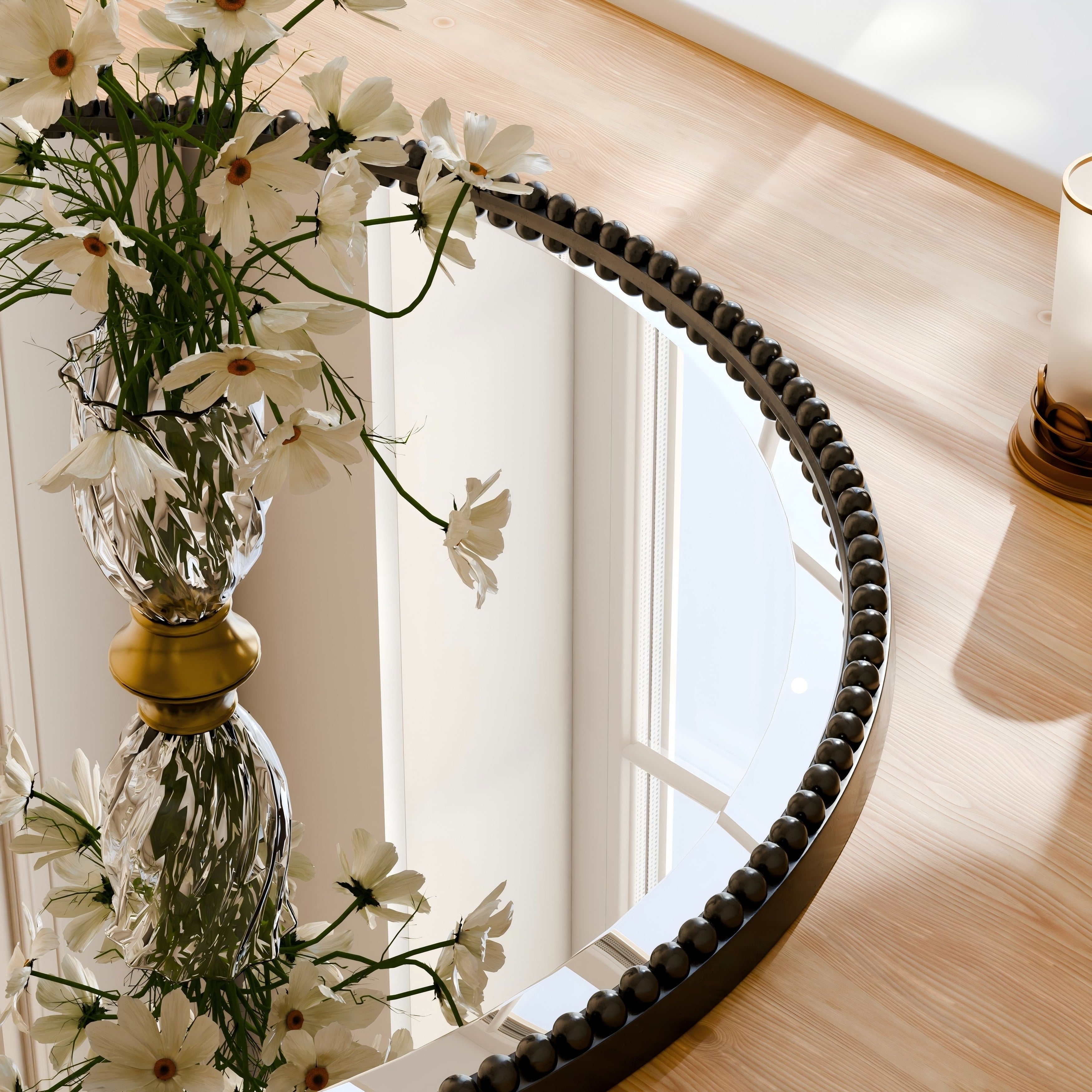 Miroir de salle de bain rond vintage avec cadre perlé