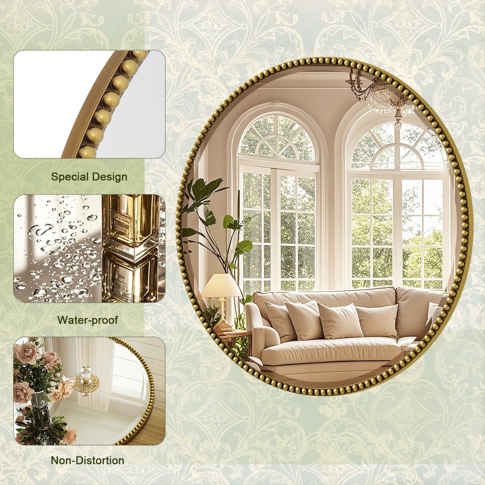 Miroir de salle de bain rond vintage avec cadre perlé