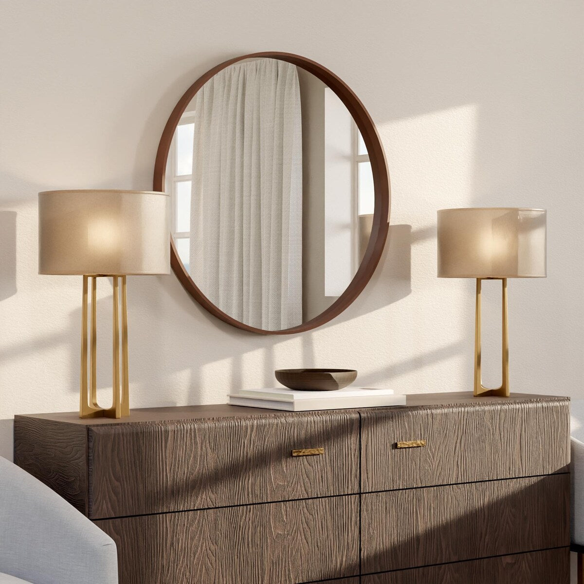 Miroir mural rond classique de style ferme avec cadre en bois