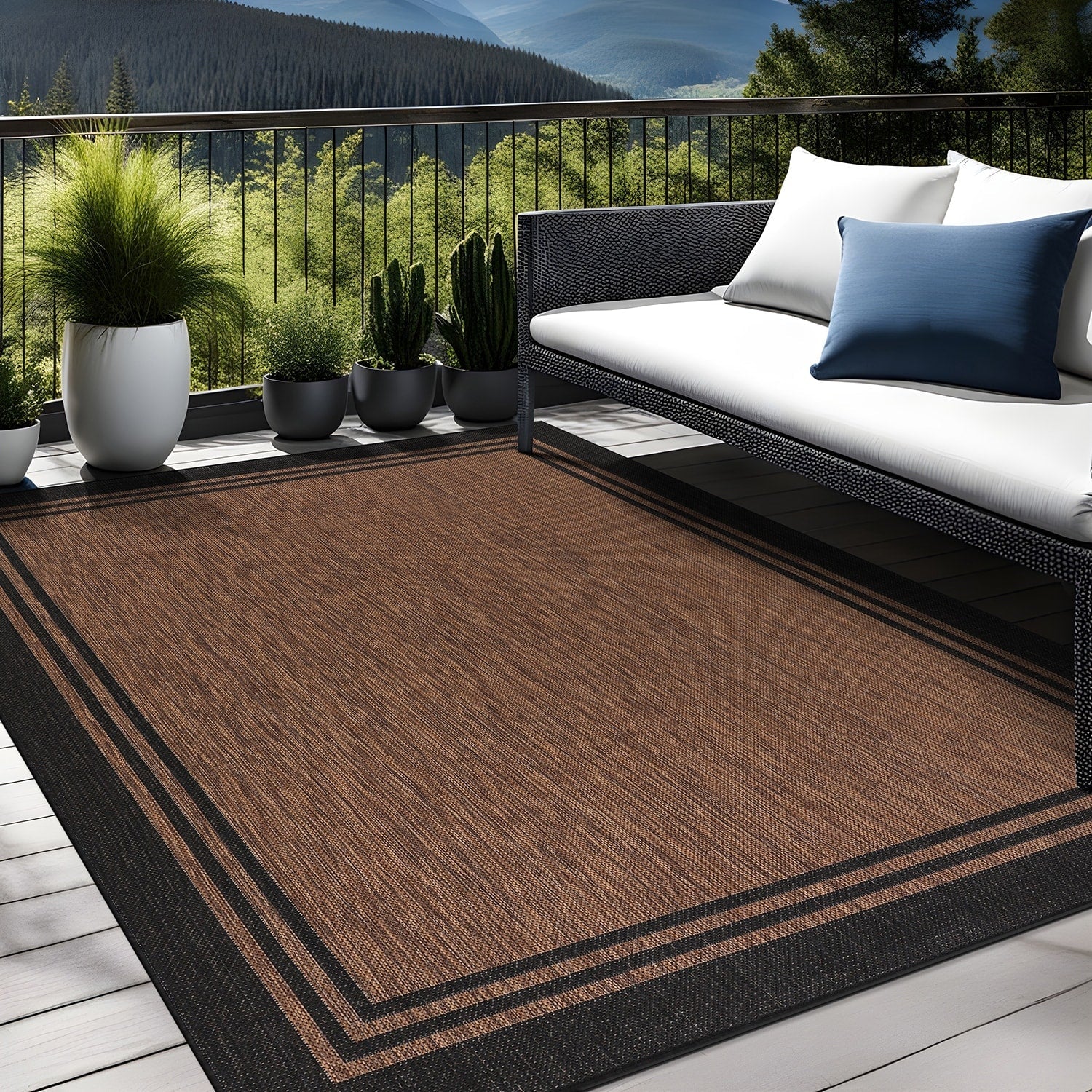 Tapis d'intérieur et d'extérieur lavable à bordures pour patio, terrasse et porche