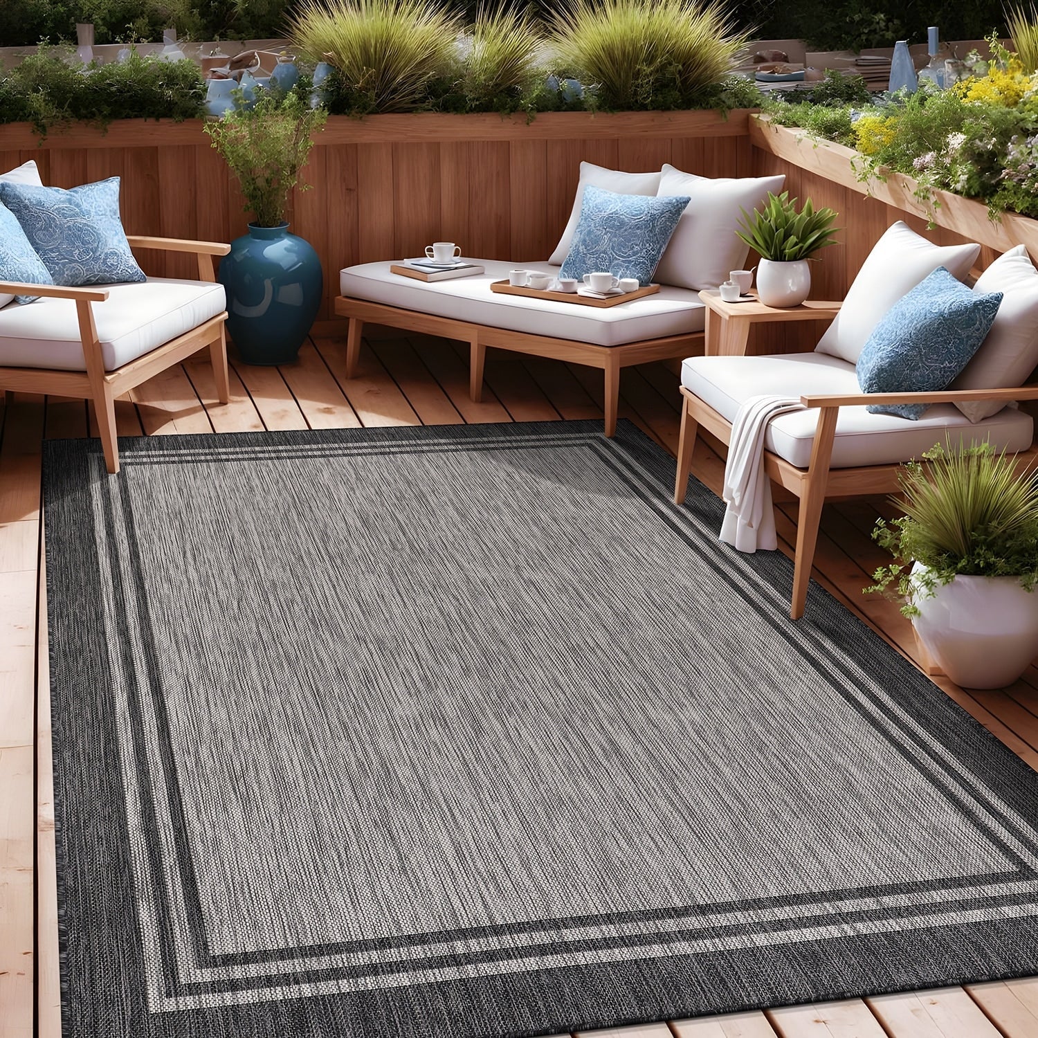 Tapis d'intérieur et d'extérieur lavable à bordures pour patio, terrasse et porche
