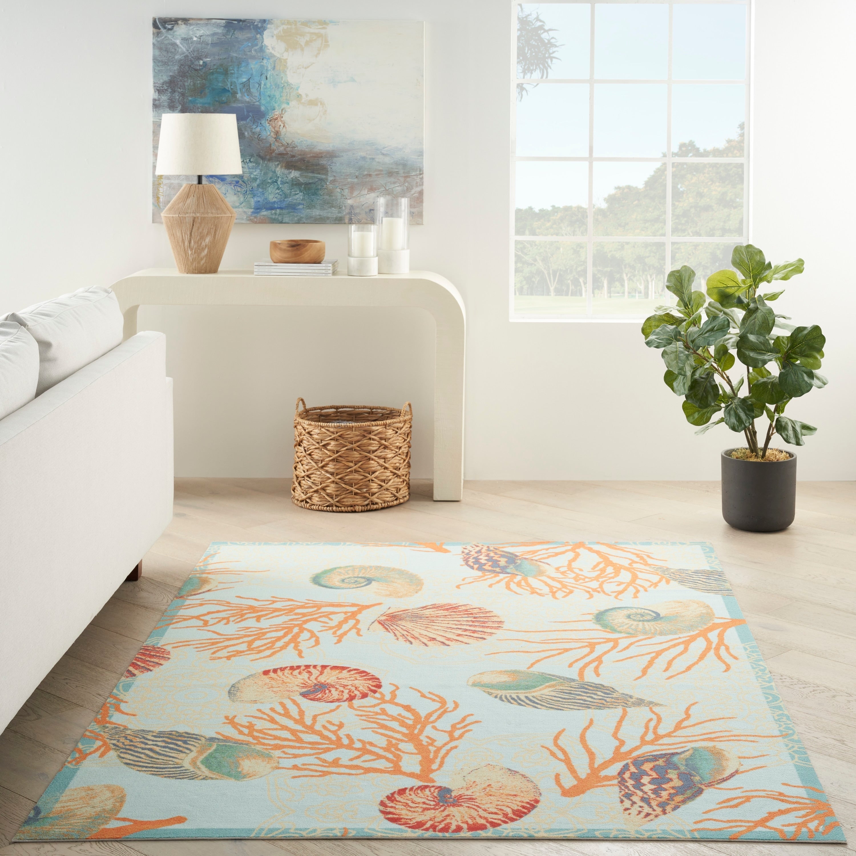 Tapis d'intérieur et d'extérieur Waverly Sun & Shade Shore Thing à motif de coquillages tropicaux et floraux