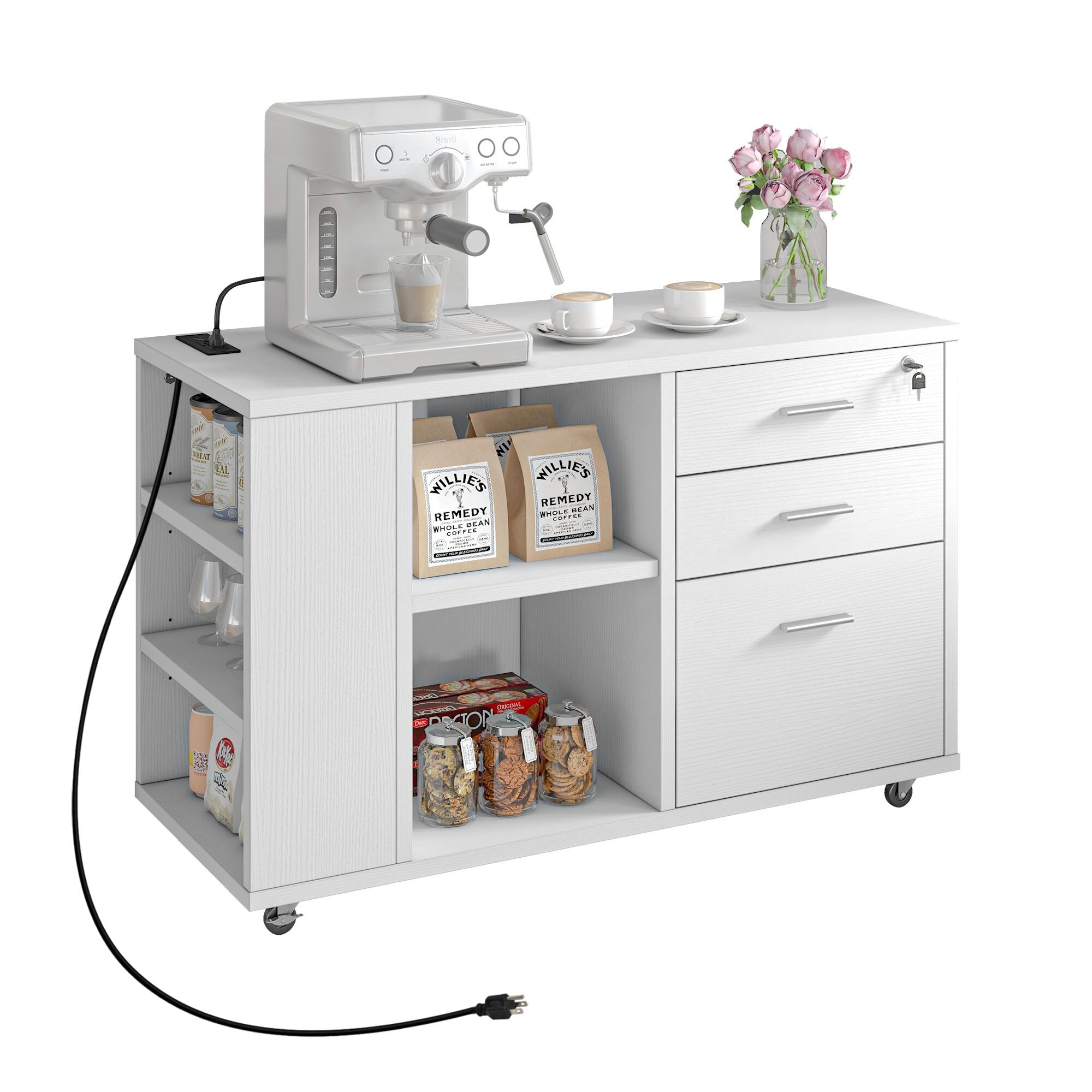 Classeur latéral mobile en bois avec station de charge verrouillable, compatible avec les dossiers de format A4, Lettre et Légal